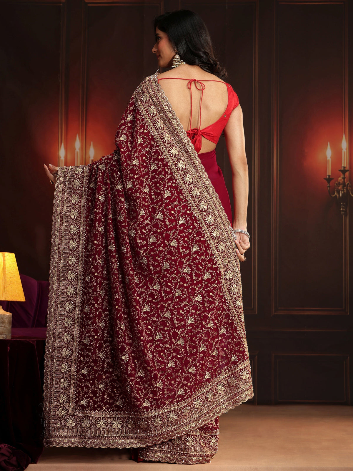Anouk Art Deep Maroon Red Embroidered Georgette Saree