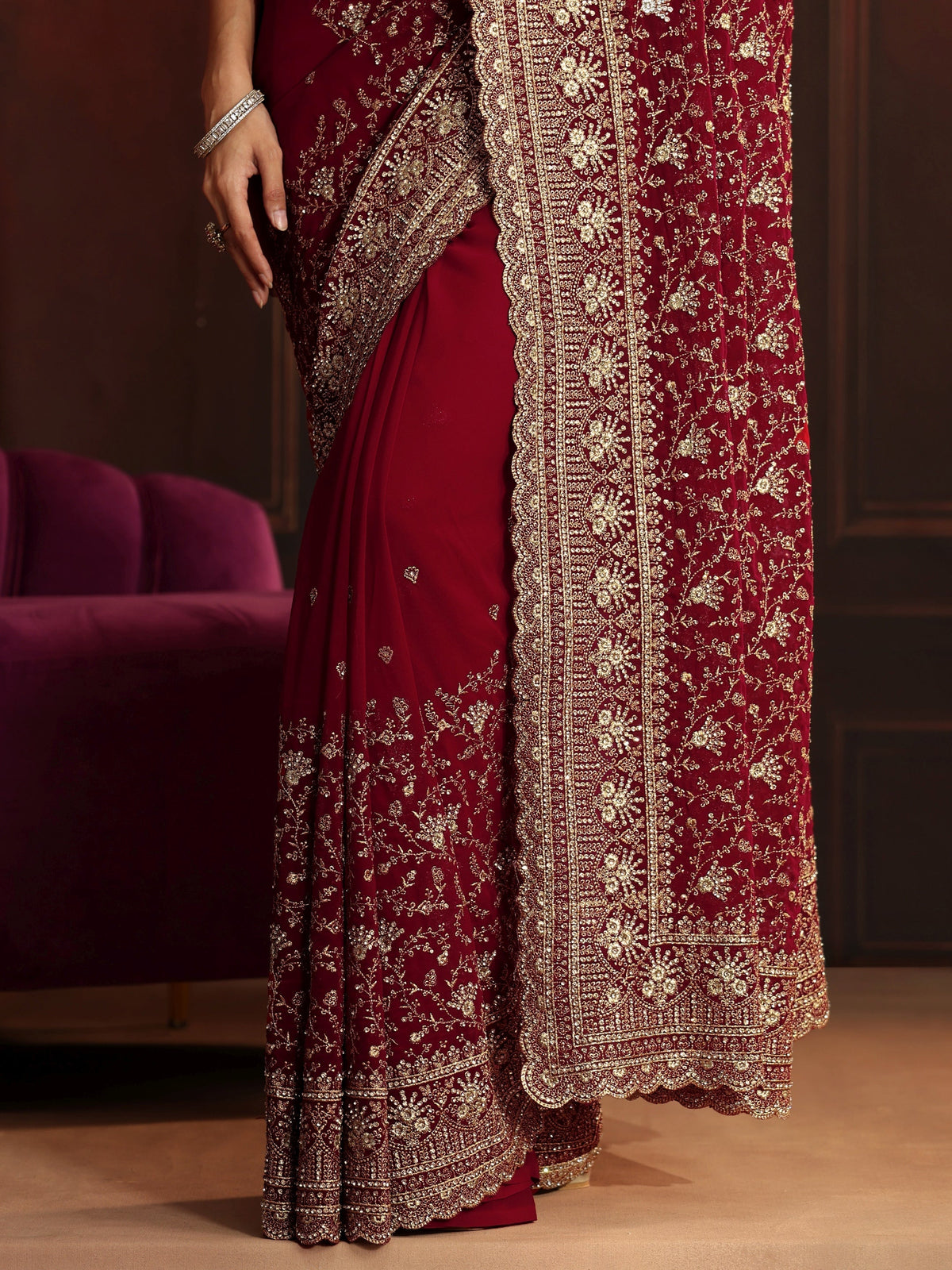 Anouk Art Deep Maroon Red Embroidered Georgette Saree