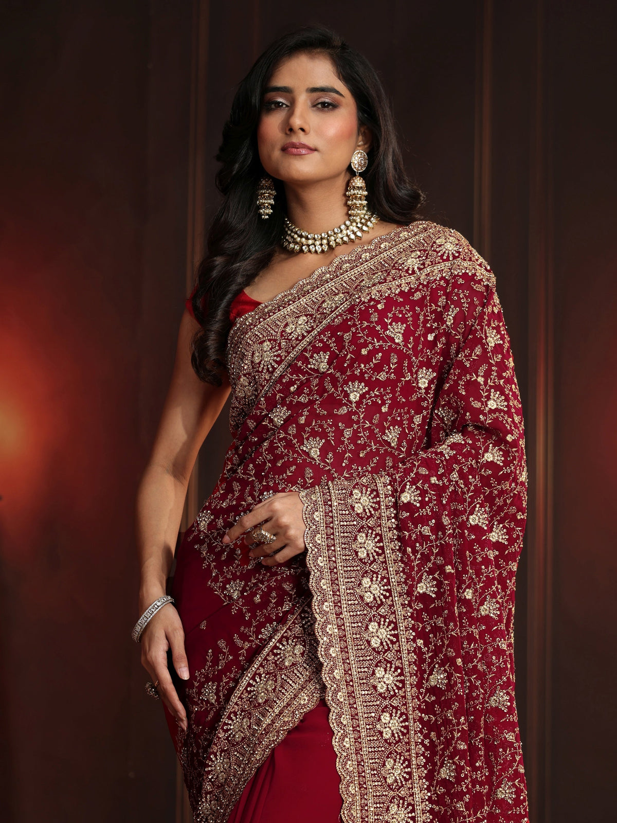 Anouk Art Deep Maroon Red Embroidered Georgette Saree