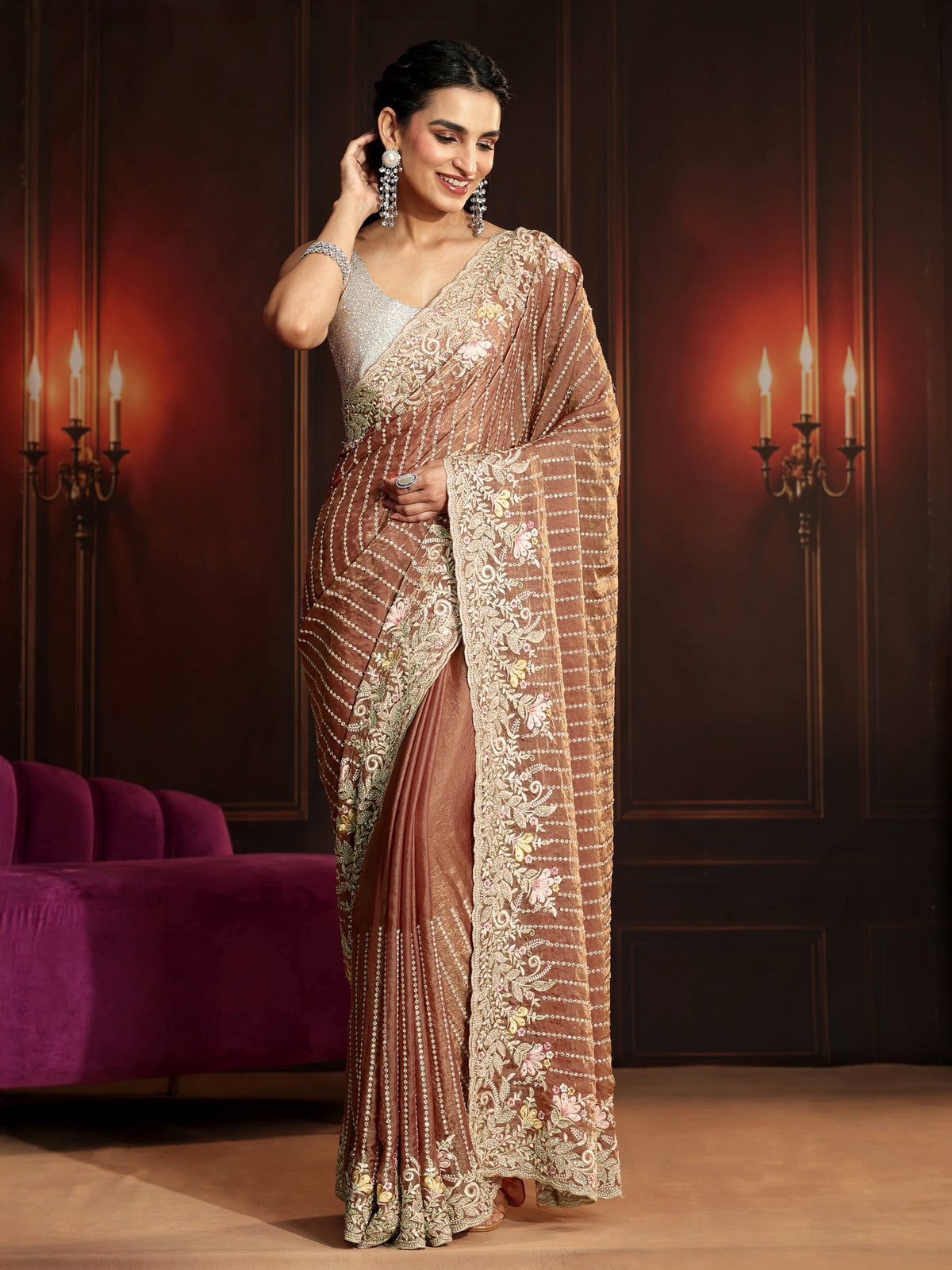 Anouk Art Rust Brown Embellished Tissue Saree