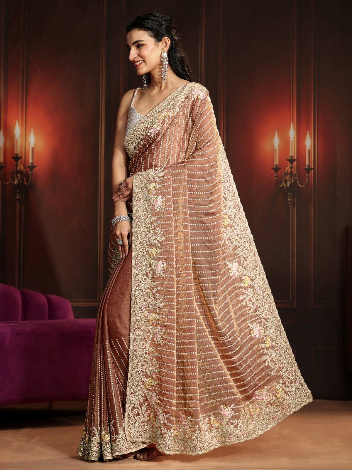 Anouk Art Rust Brown Embellished Tissue Saree