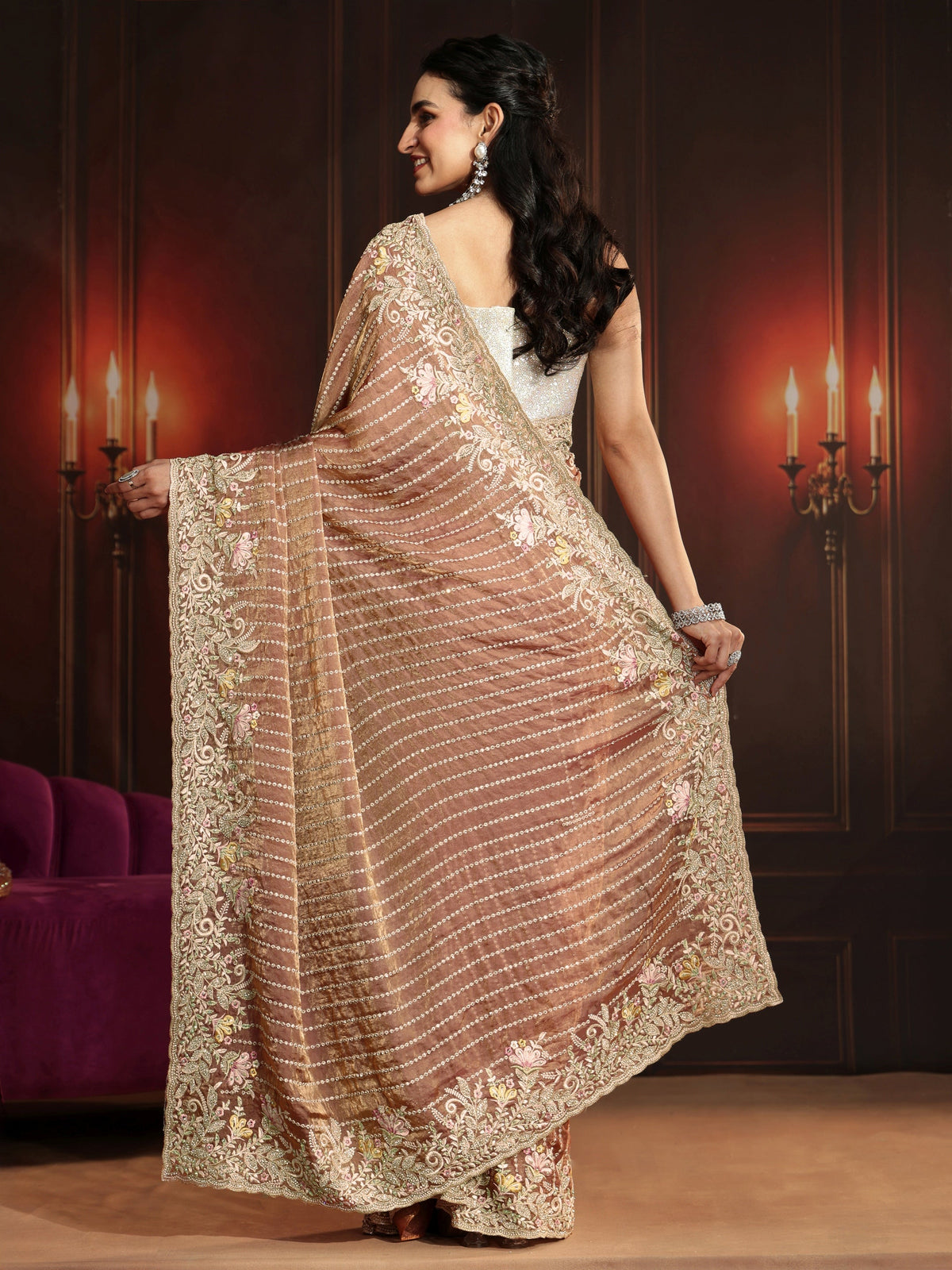 Anouk Art Rust Brown Embellished Tissue Saree