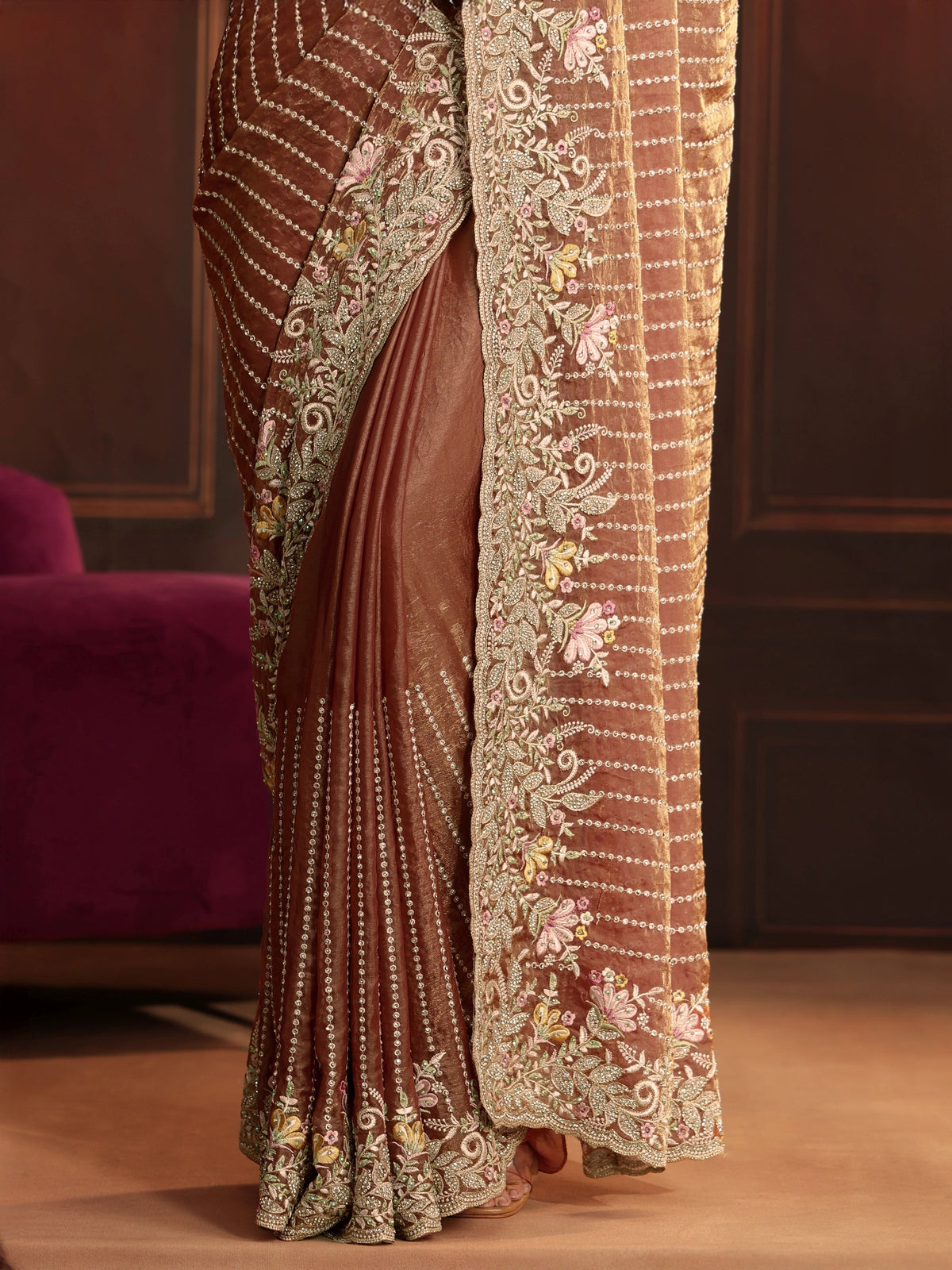 Anouk Art Rust Brown Embellished Tissue Saree
