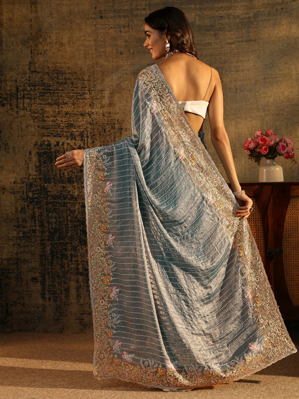 Anouk Art Powder Blue Embellished Tissue Saree with Floral Border