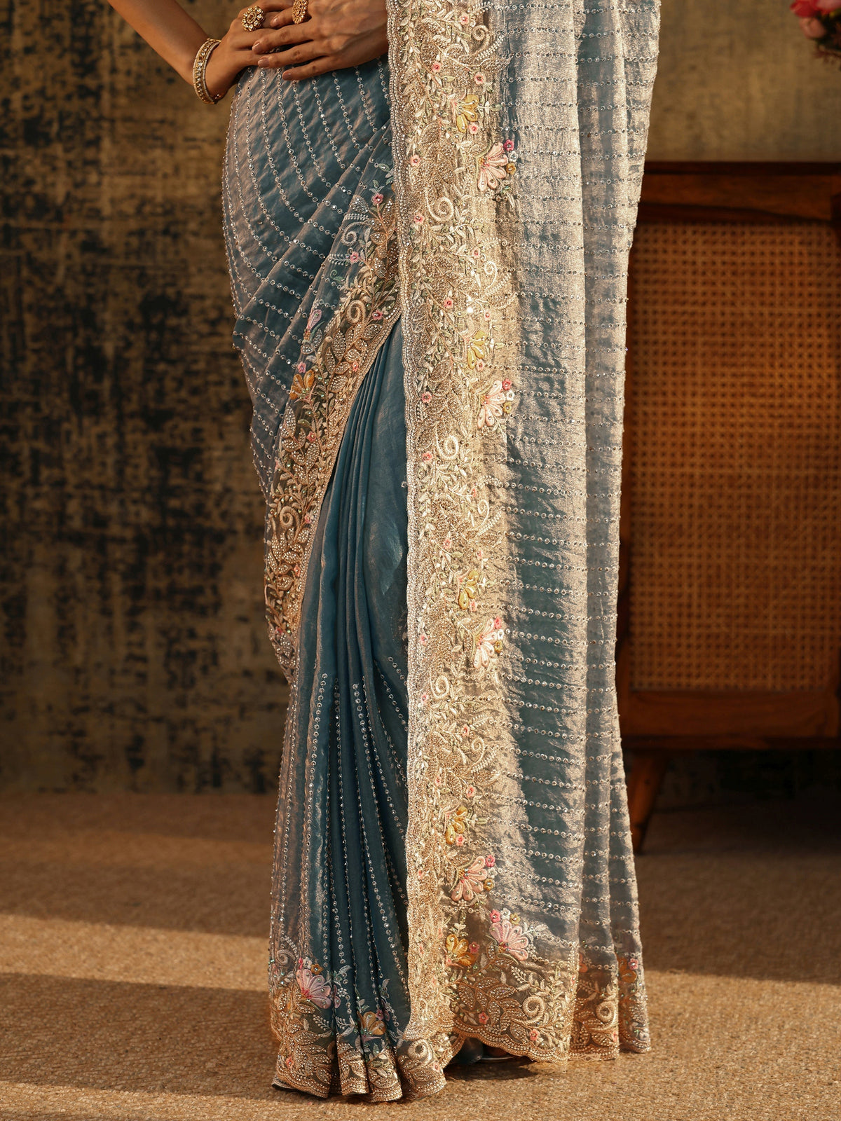 Anouk Art Powder Blue Embellished Tissue Saree with Floral Border