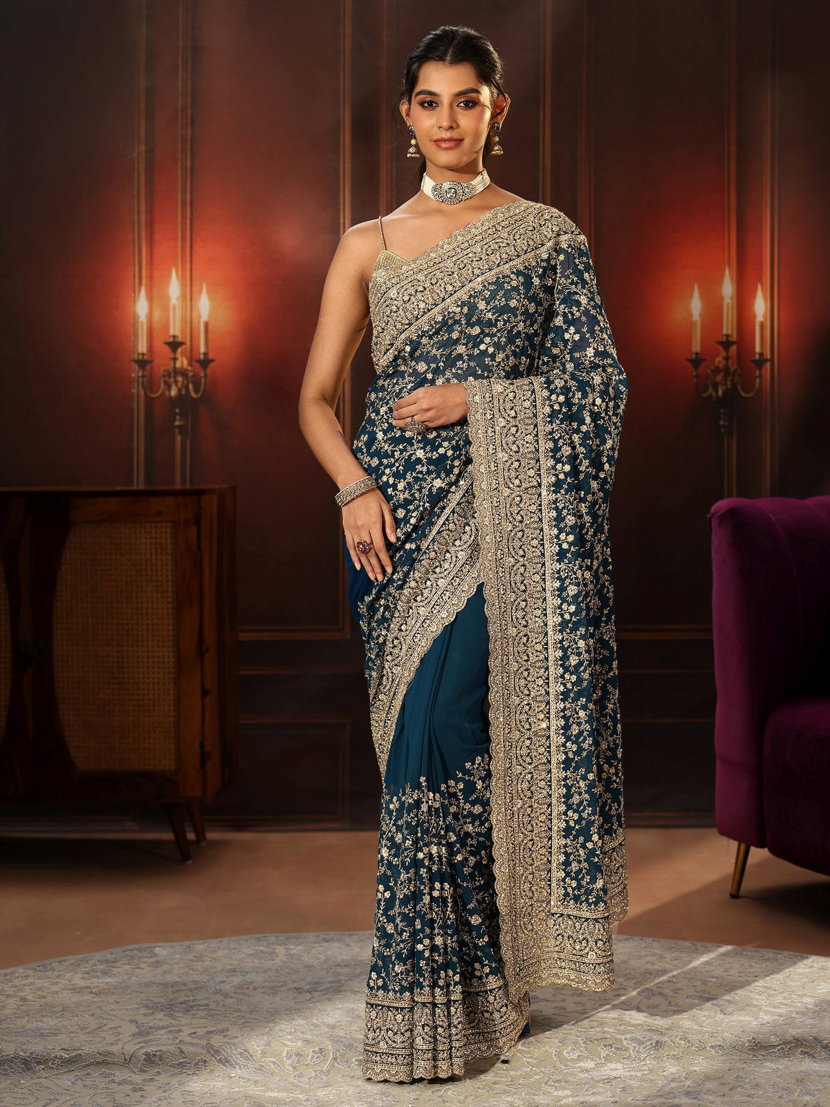 Anouk Art Teal Blue Floral Embroidered Georgette Saree