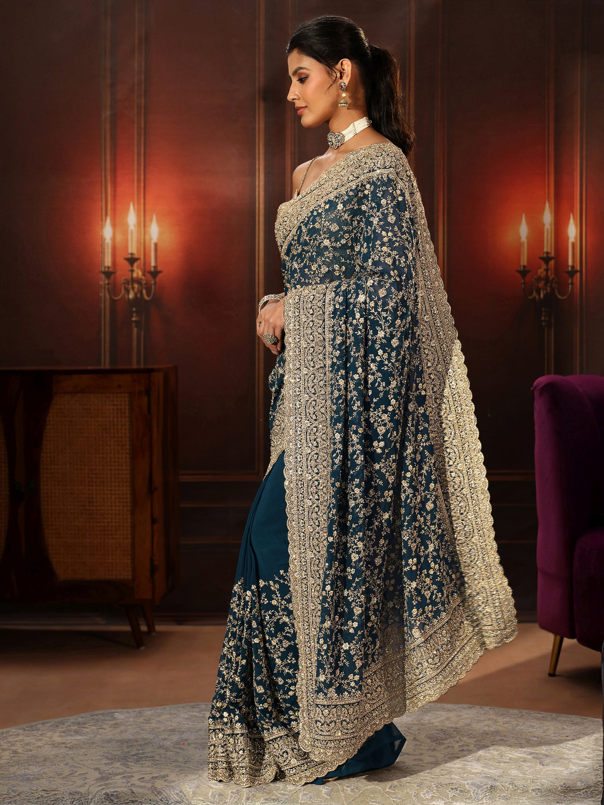 Anouk Art Teal Blue Floral Embroidered Georgette Saree