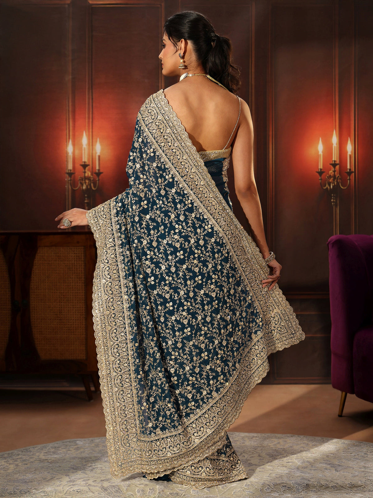 Anouk Art Teal Blue Floral Embroidered Georgette Saree