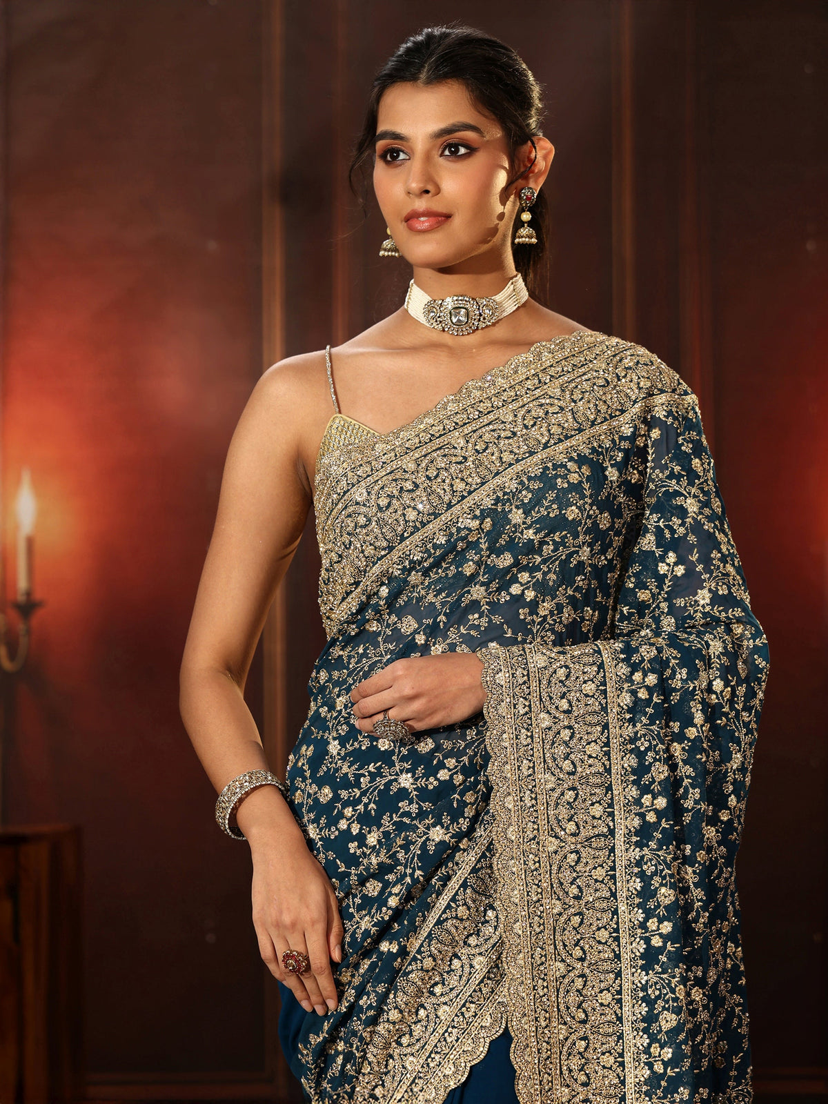 Anouk Art Teal Blue Floral Embroidered Georgette Saree