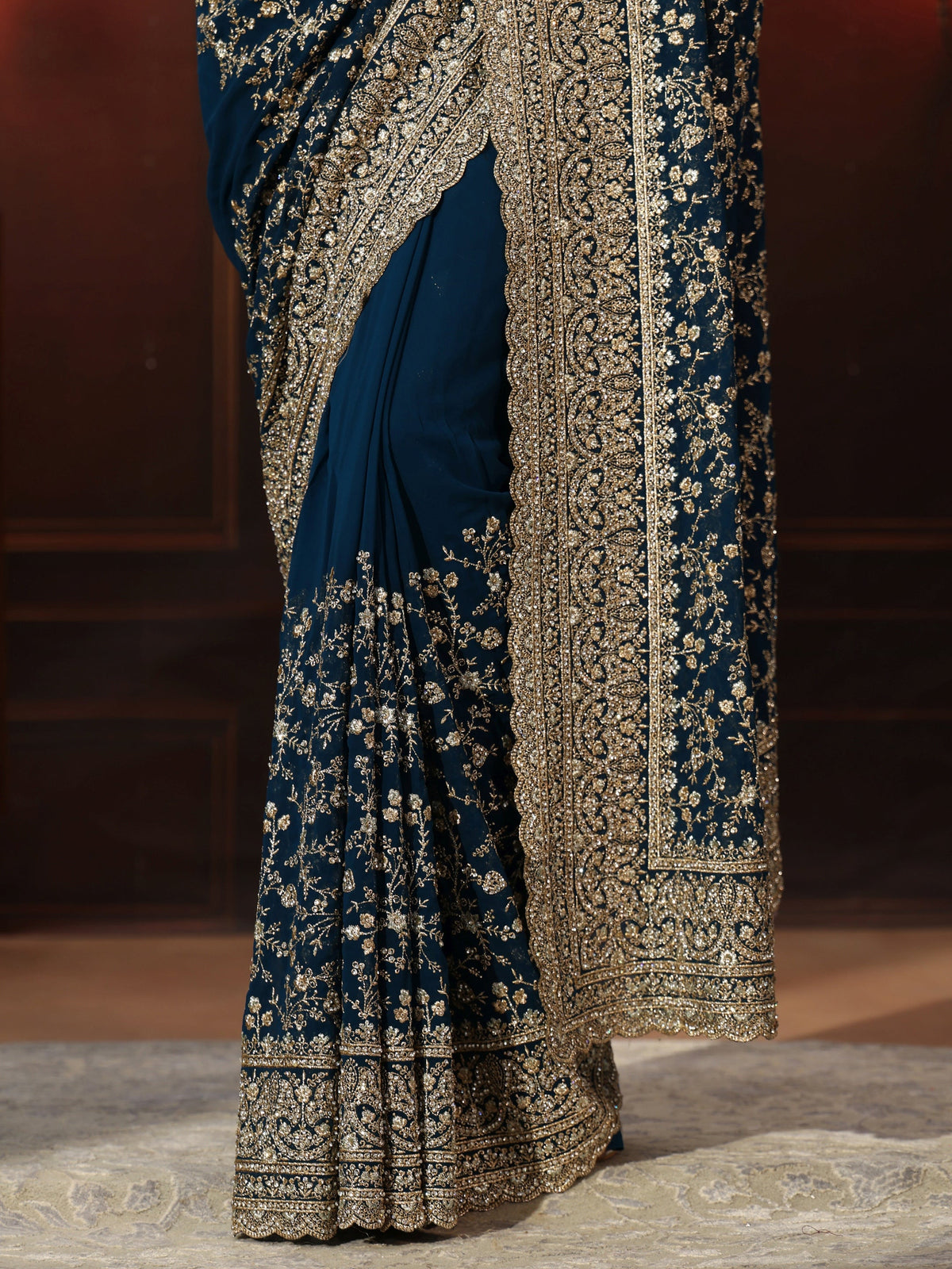 Anouk Art Teal Blue Floral Embroidered Georgette Saree