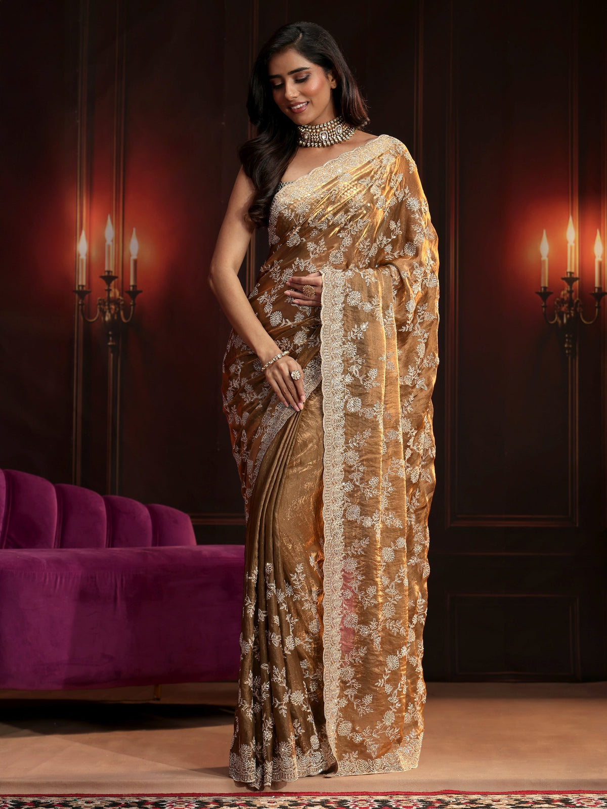 Anouk Art Henna Green Floral Embellished Tissue Saree