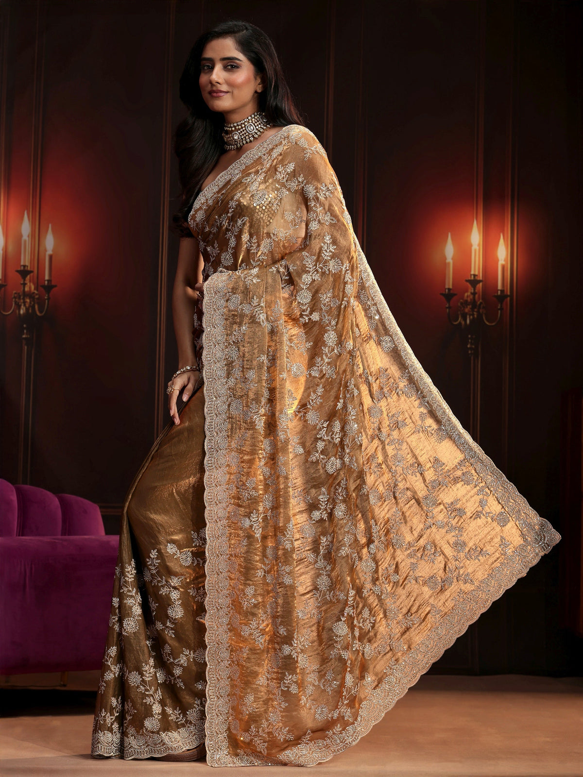 Anouk Art Henna Green Floral Embellished Tissue Saree