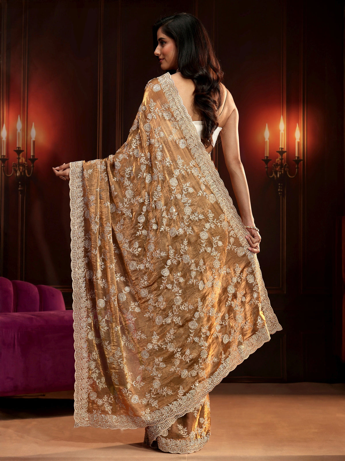 Anouk Art Henna Green Floral Embellished Tissue Saree