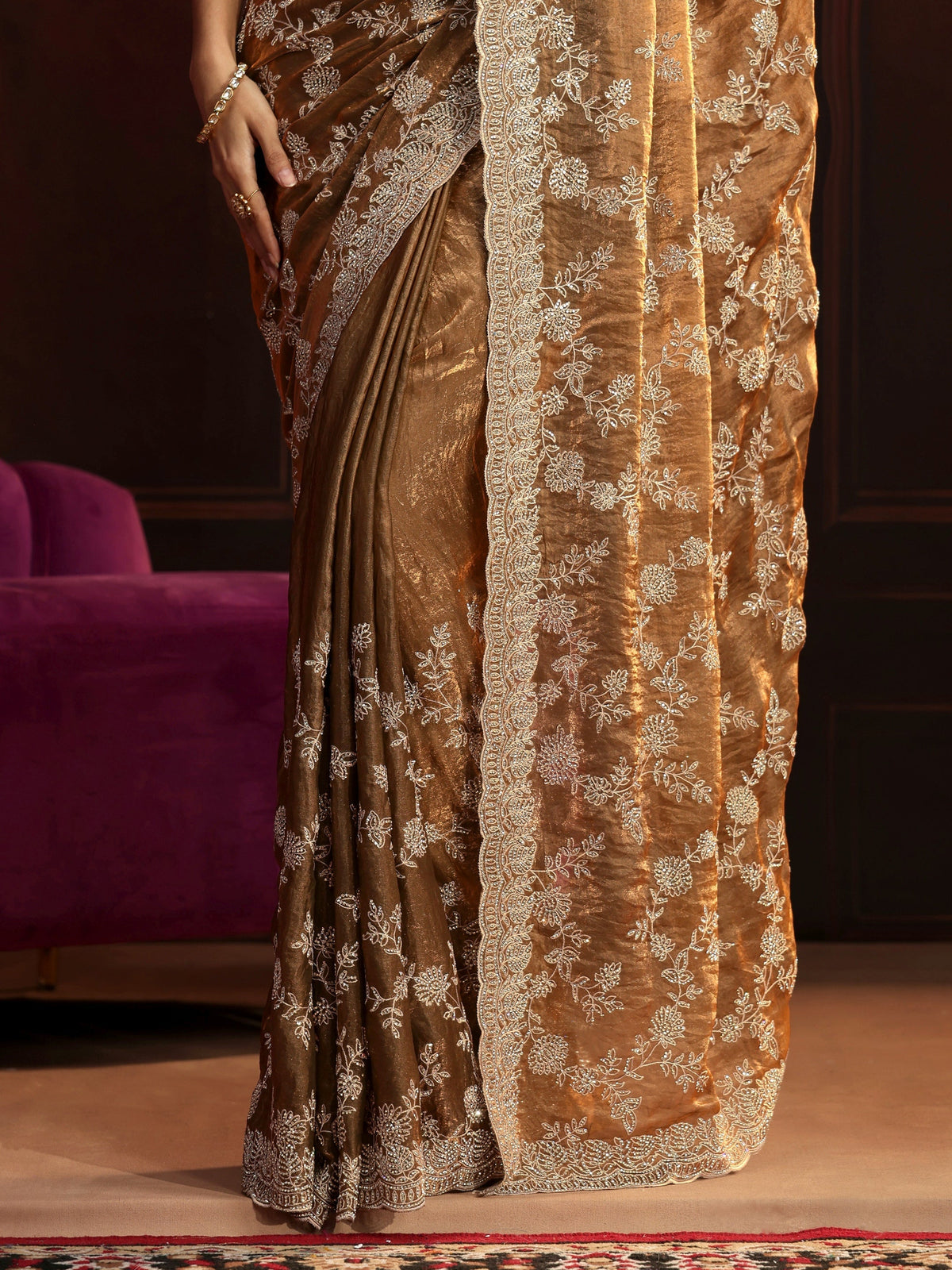 Anouk Art Henna Green Floral Embellished Tissue Saree