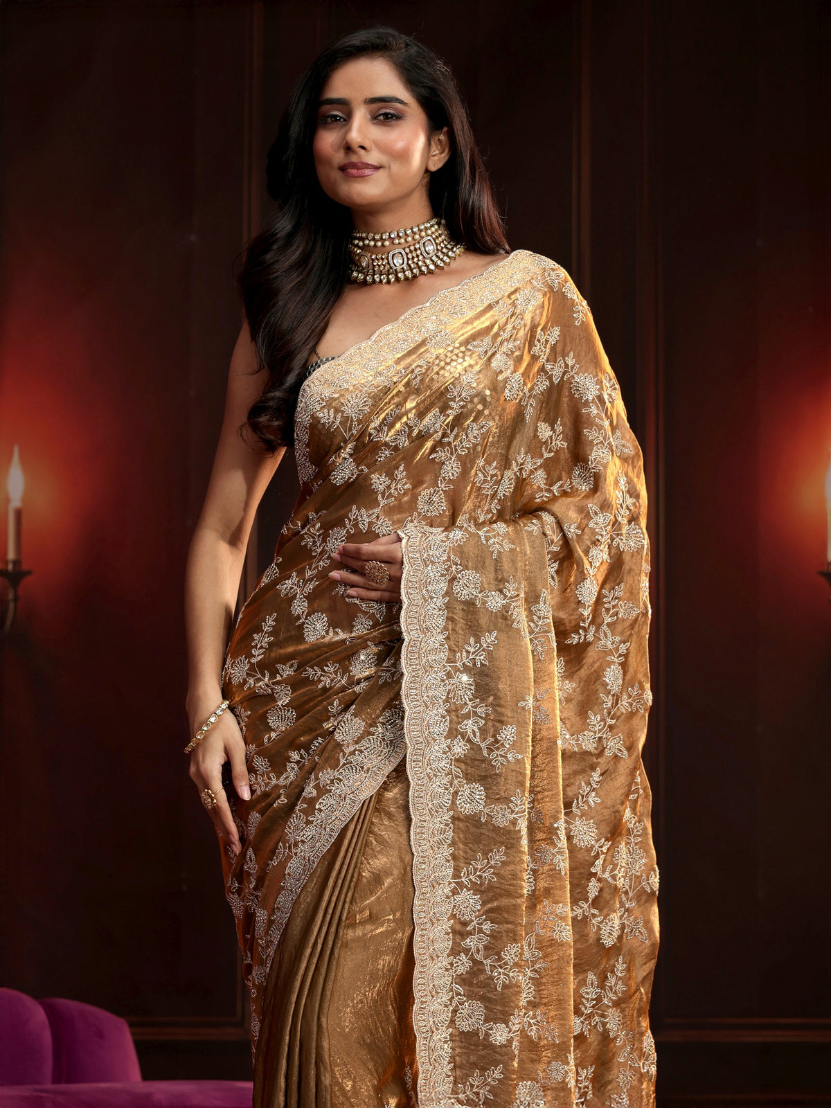 Anouk Art Henna Green Floral Embellished Tissue Saree