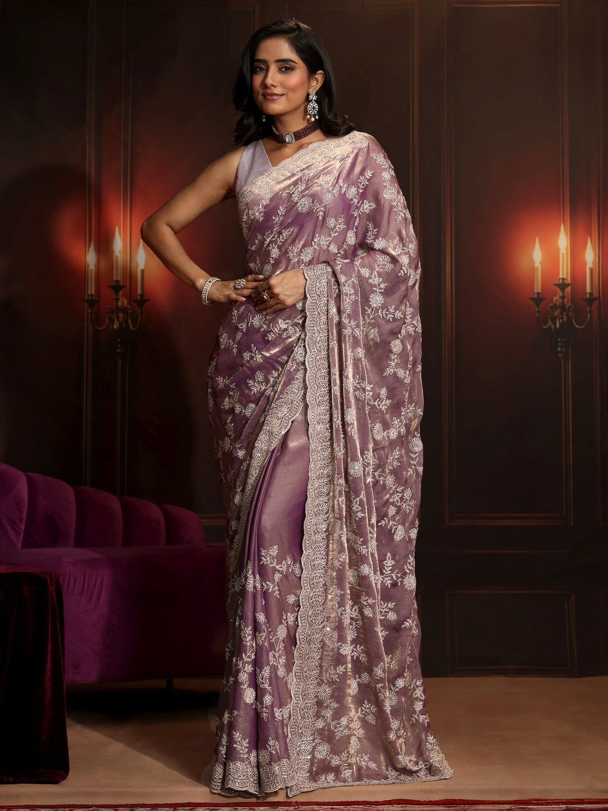 Anouk Art Lavender Floral Embellished Tissue Saree