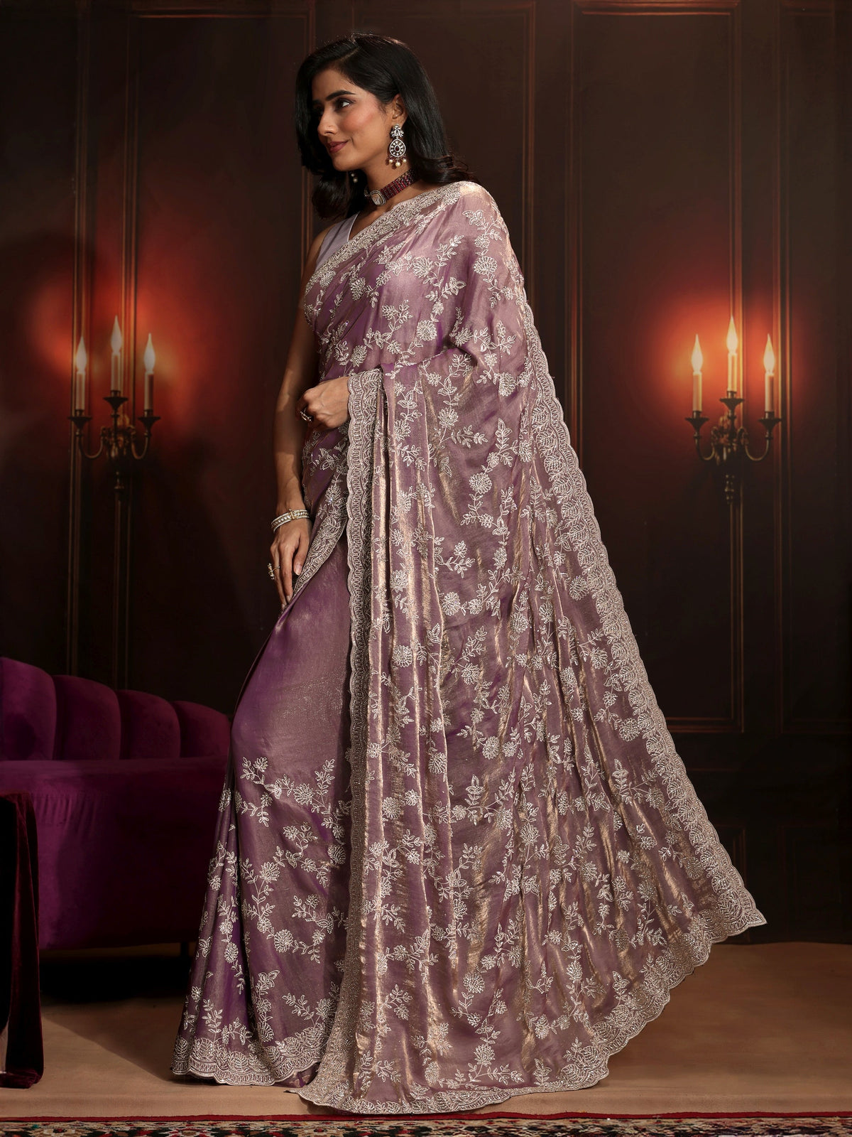 Anouk Art Lavender Floral Embellished Tissue Saree