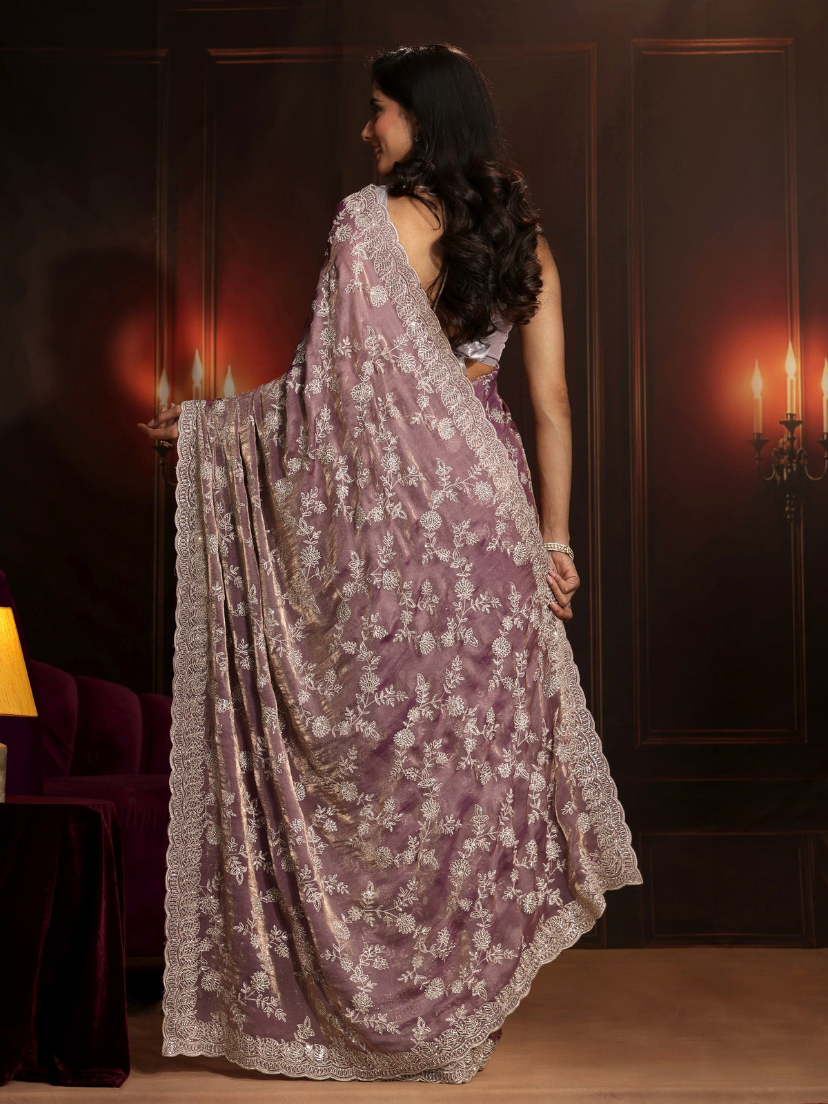 Anouk Art Lavender Floral Embellished Tissue Saree