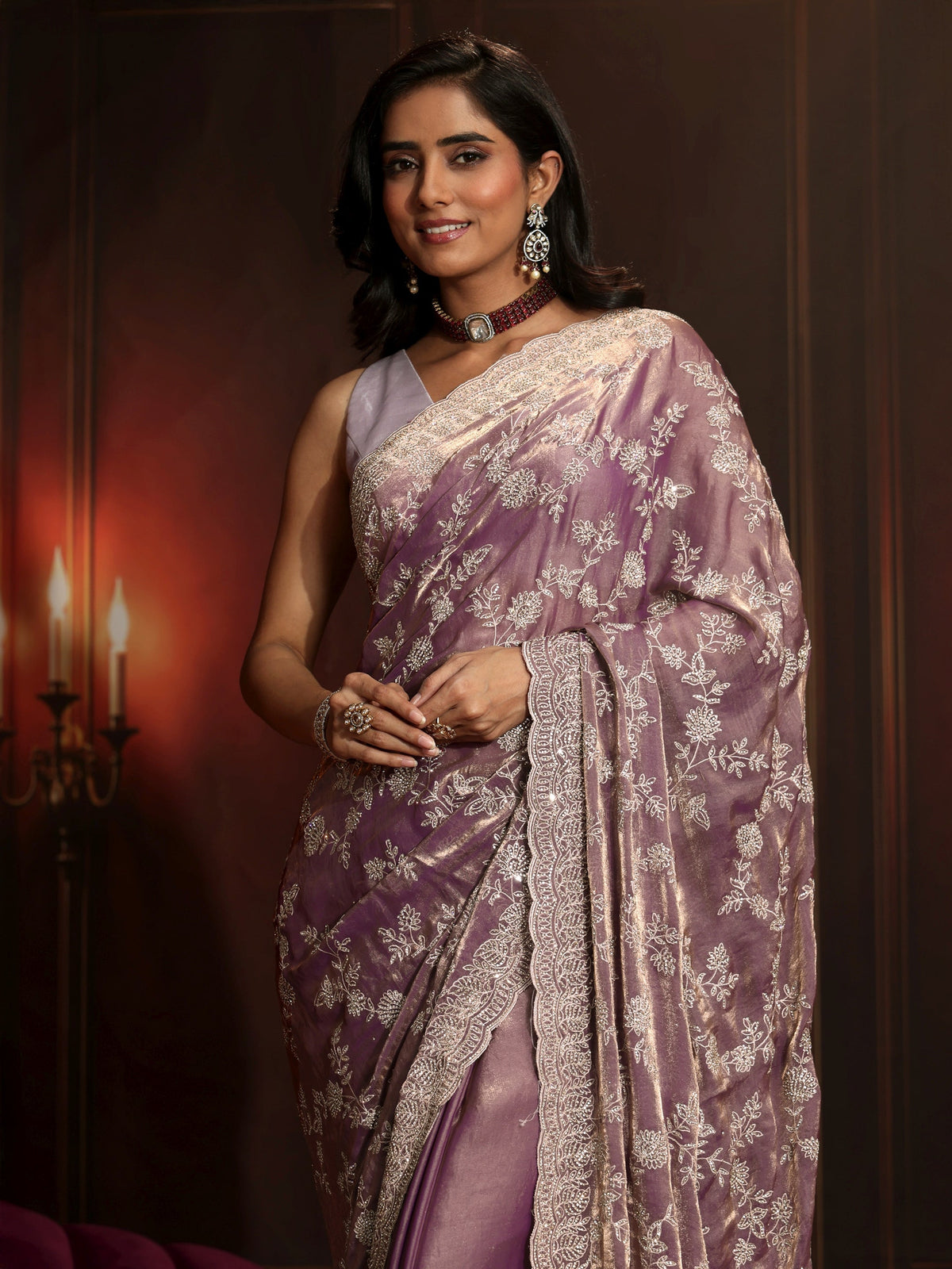 Anouk Art Lavender Floral Embellished Tissue Saree