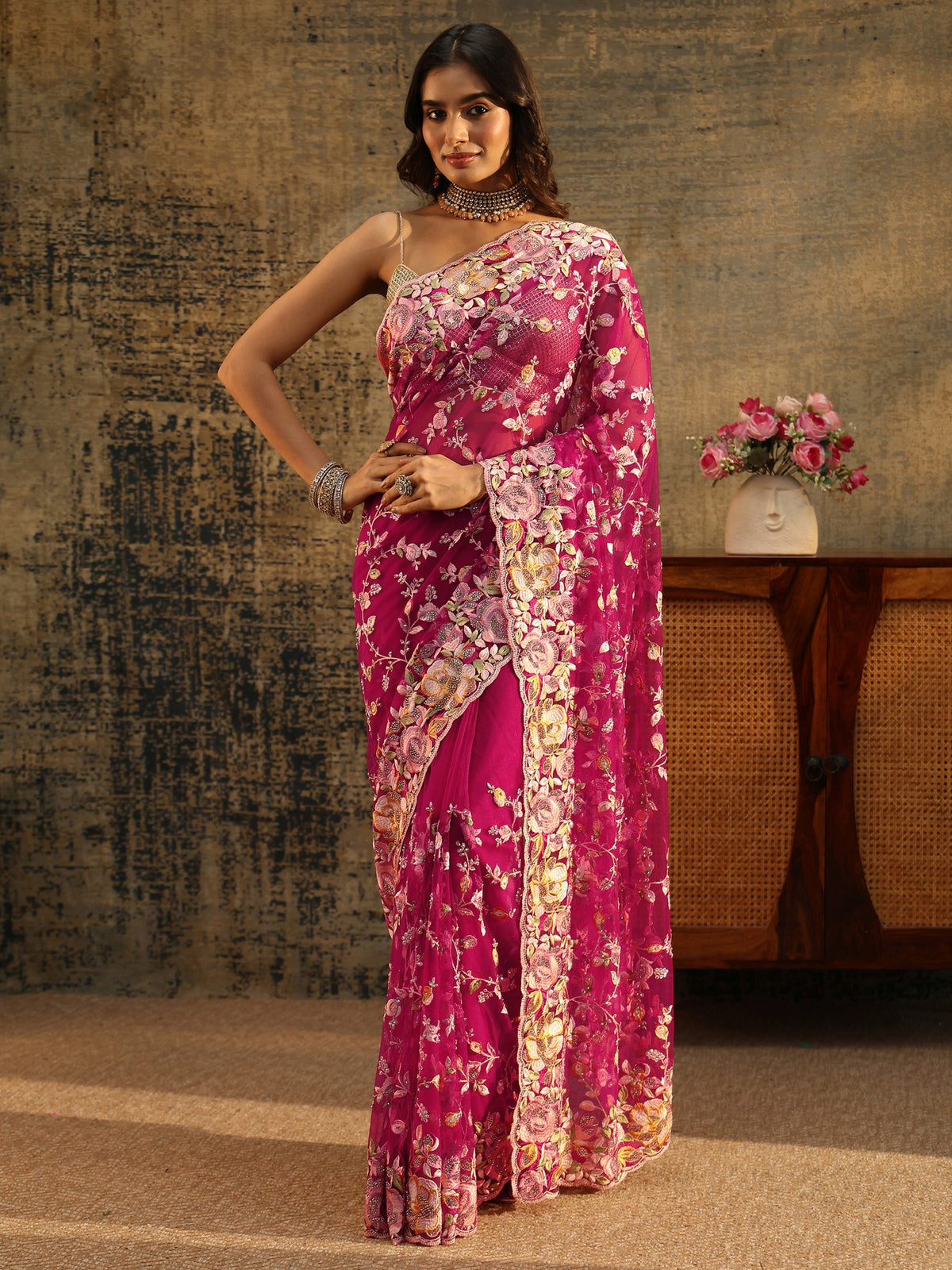 Anouk Art Rani Pink Floral Embroidered Net Saree