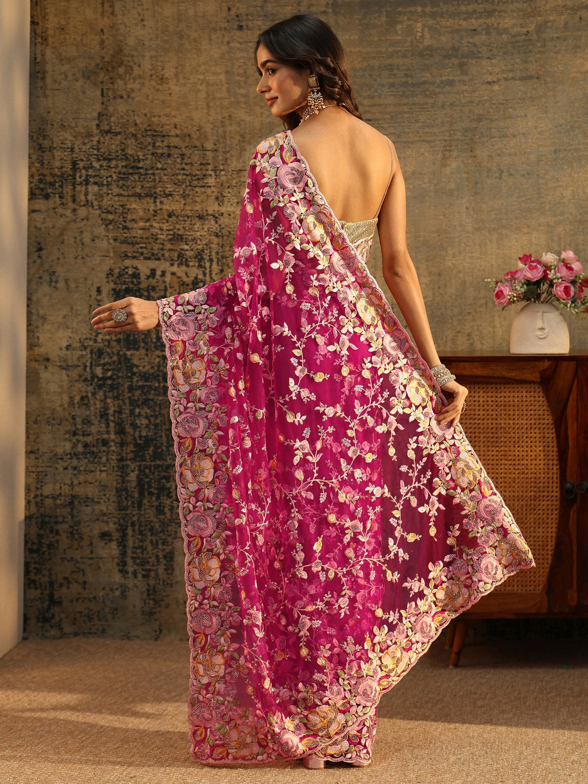 Anouk Art Rani Pink Floral Embroidered Net Saree