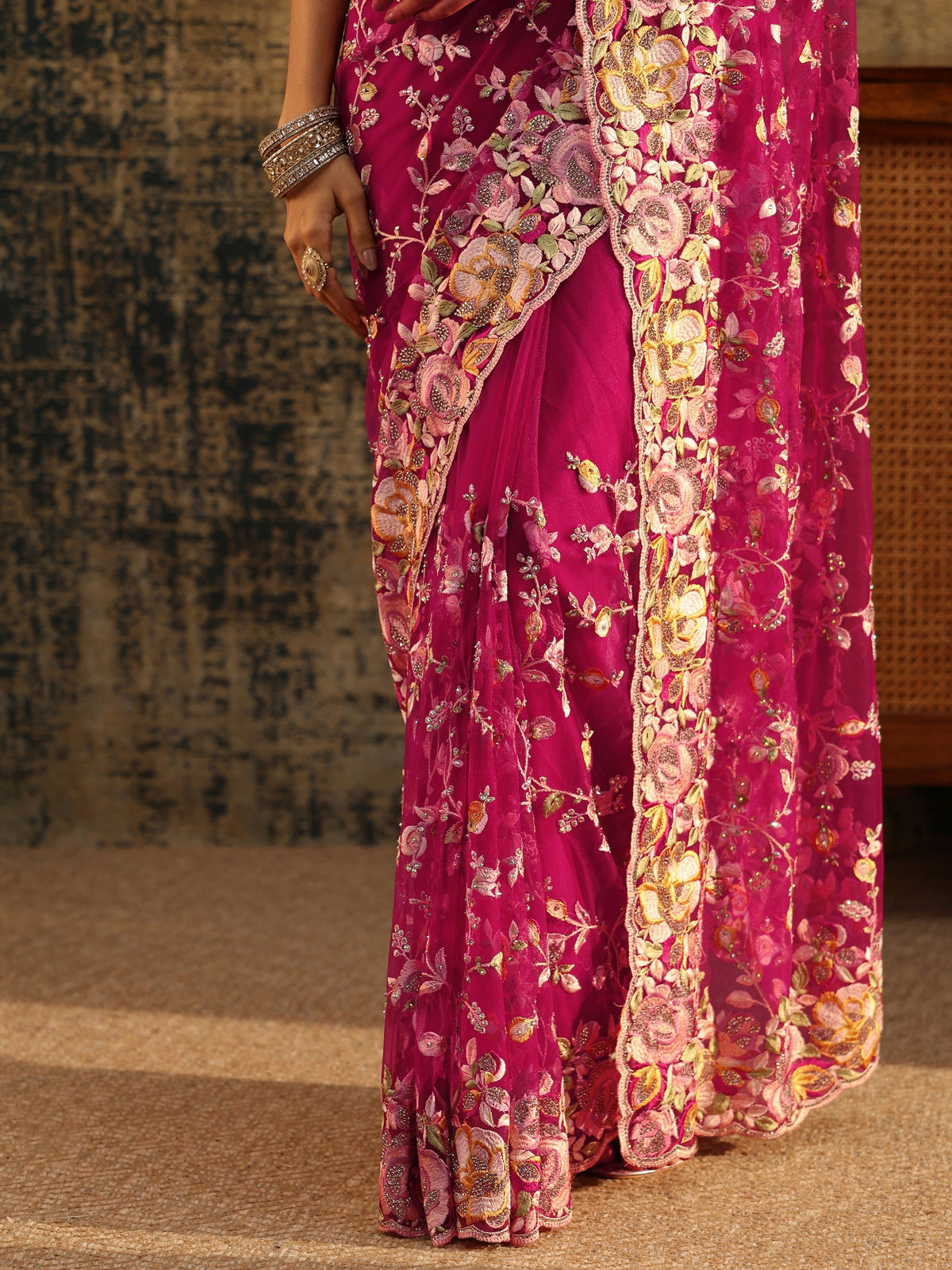 Anouk Art Rani Pink Floral Embroidered Net Saree