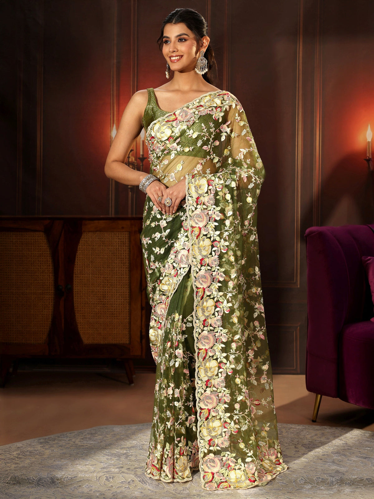 Anouk Art Olive Green Floral Embroidered Net Saree