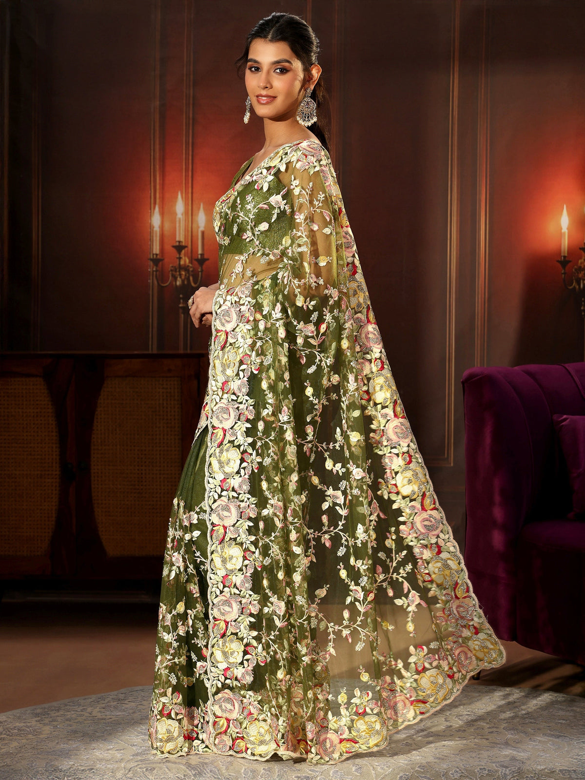 Anouk Art Olive Green Floral Embroidered Net Saree