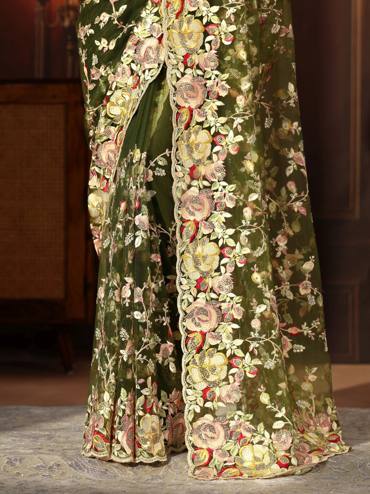 Anouk Art Olive Green Floral Embroidered Net Saree