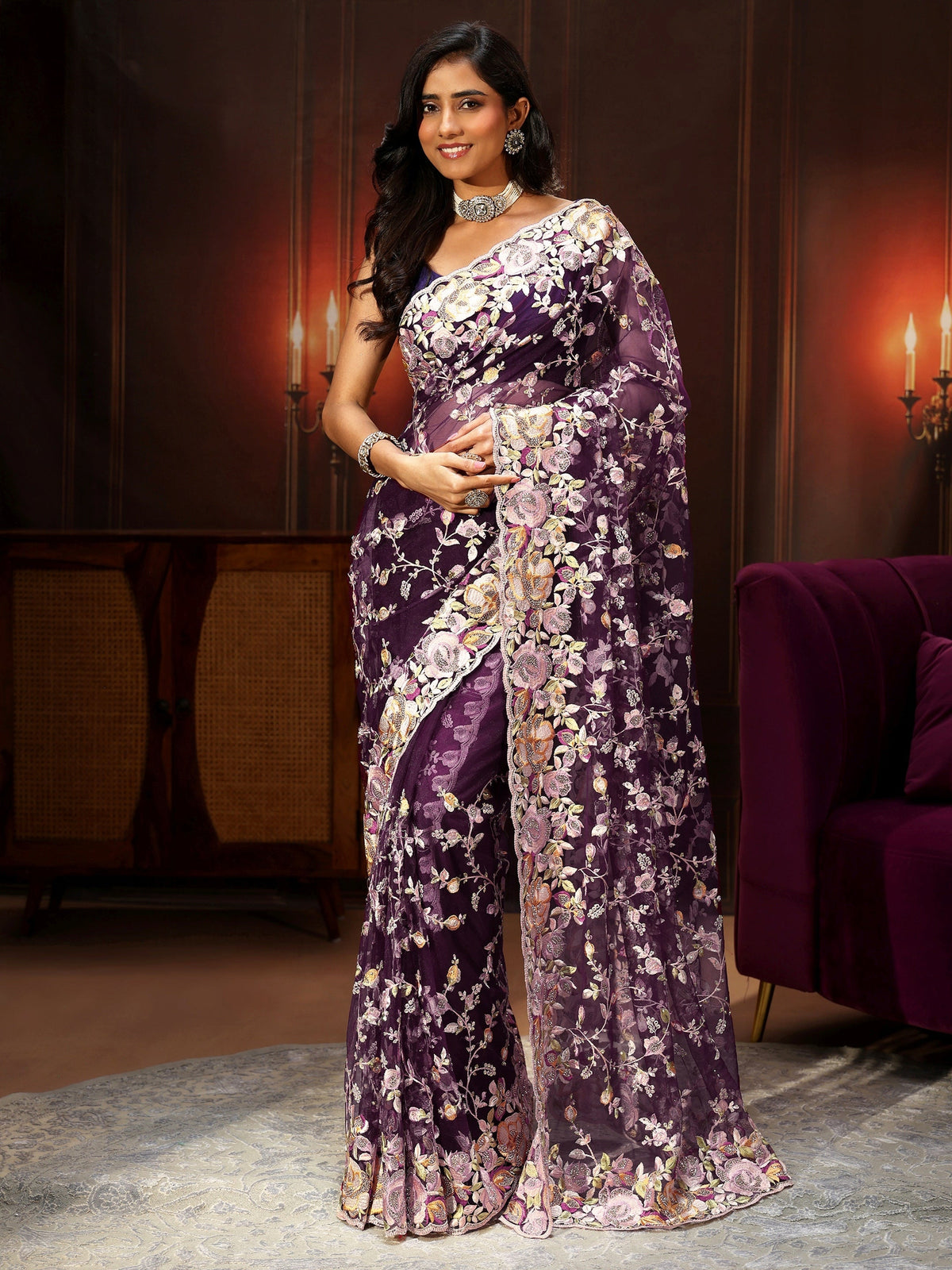 Anouk Art Plum Purple Floral Embroidered Net Saree