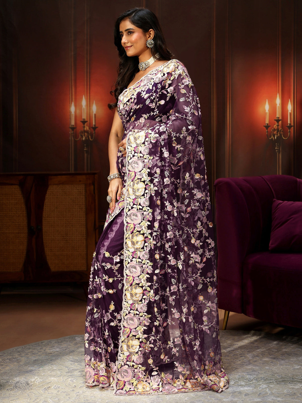Anouk Art Plum Purple Floral Embroidered Net Saree