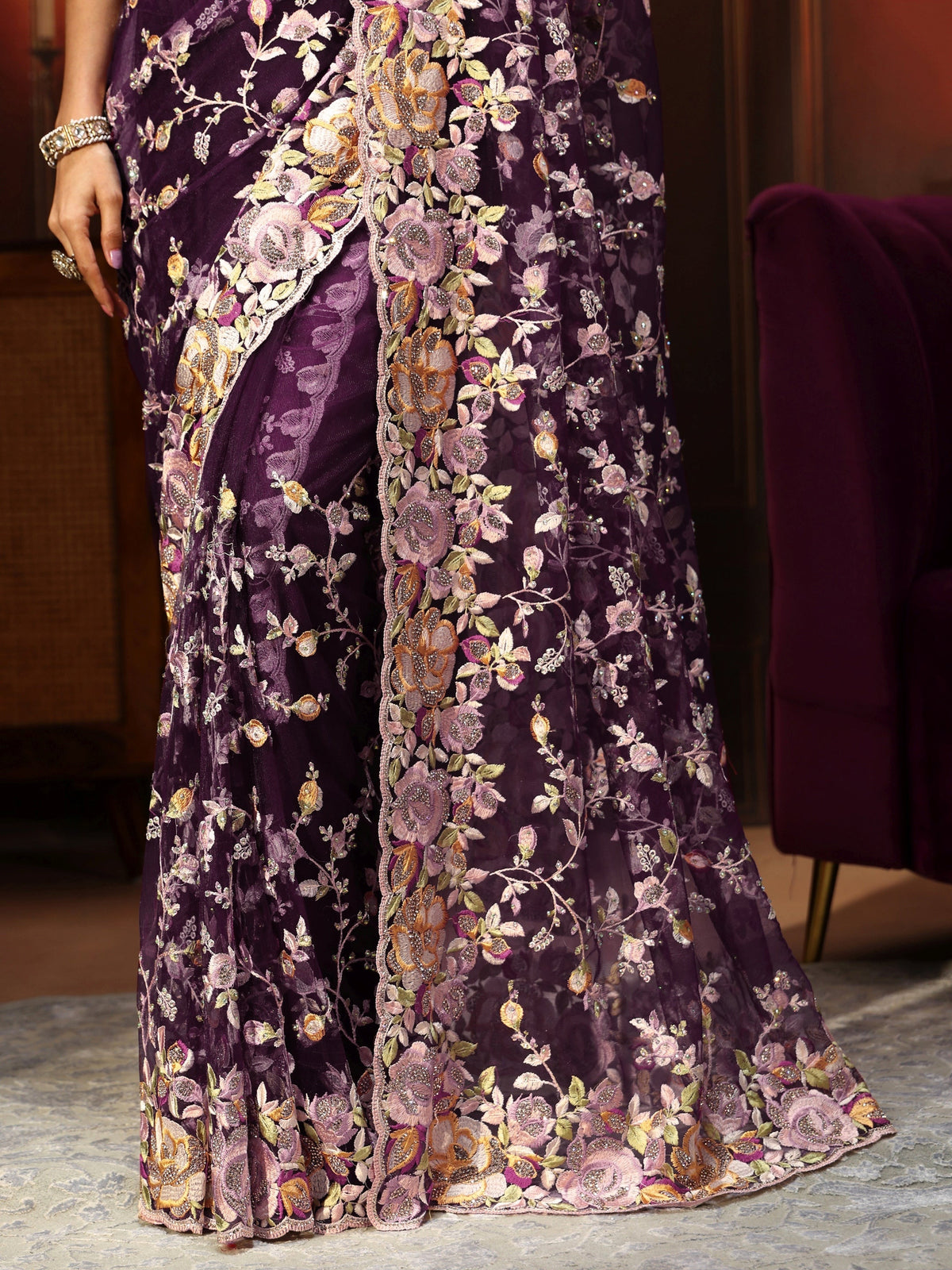 Anouk Art Plum Purple Floral Embroidered Net Saree