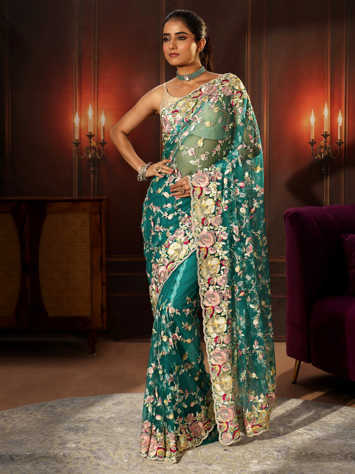 Anouk Art Sea Green Floral Embroidered Net Saree