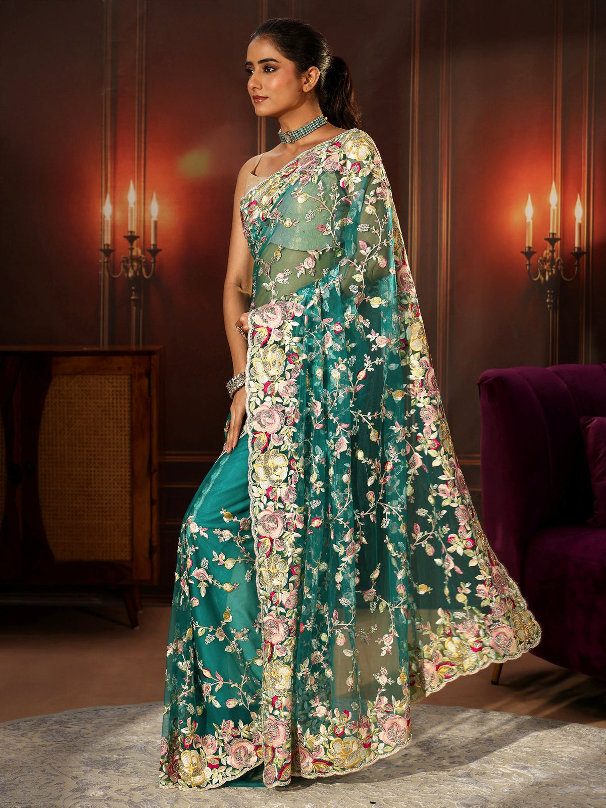 Anouk Art Sea Green Floral Embroidered Net Saree