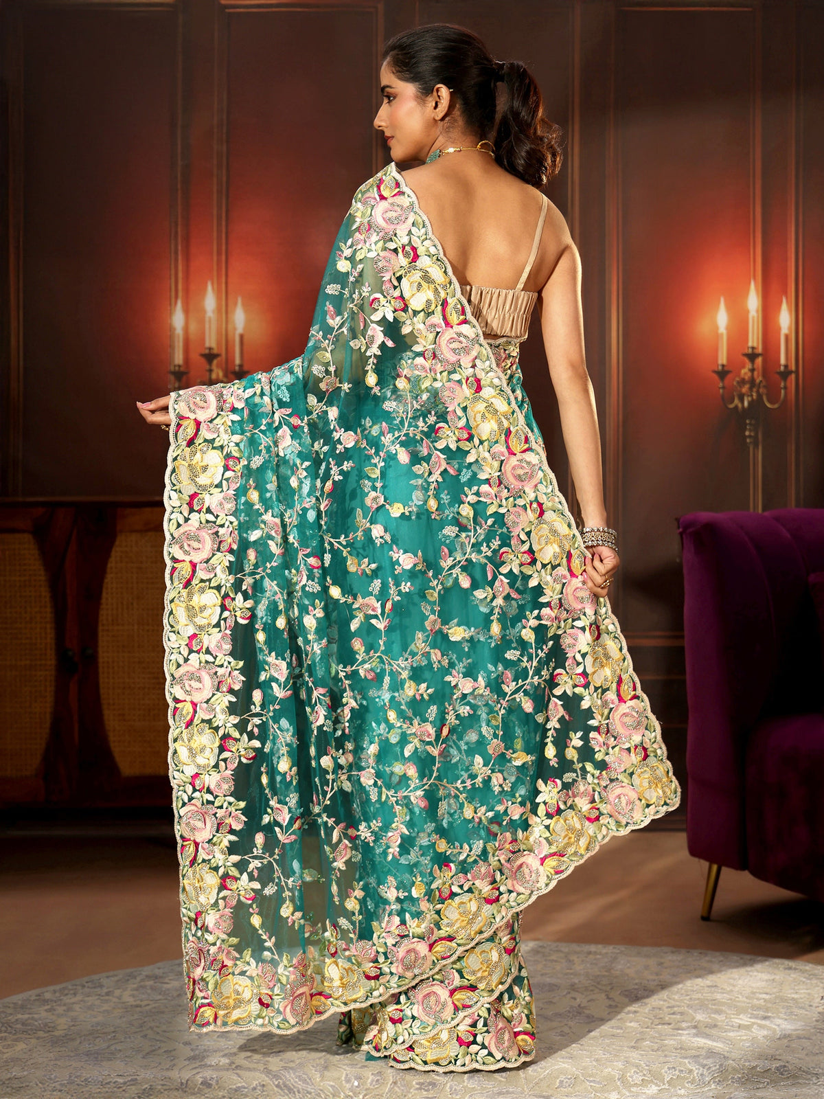 Anouk Art Sea Green Floral Embroidered Net Saree