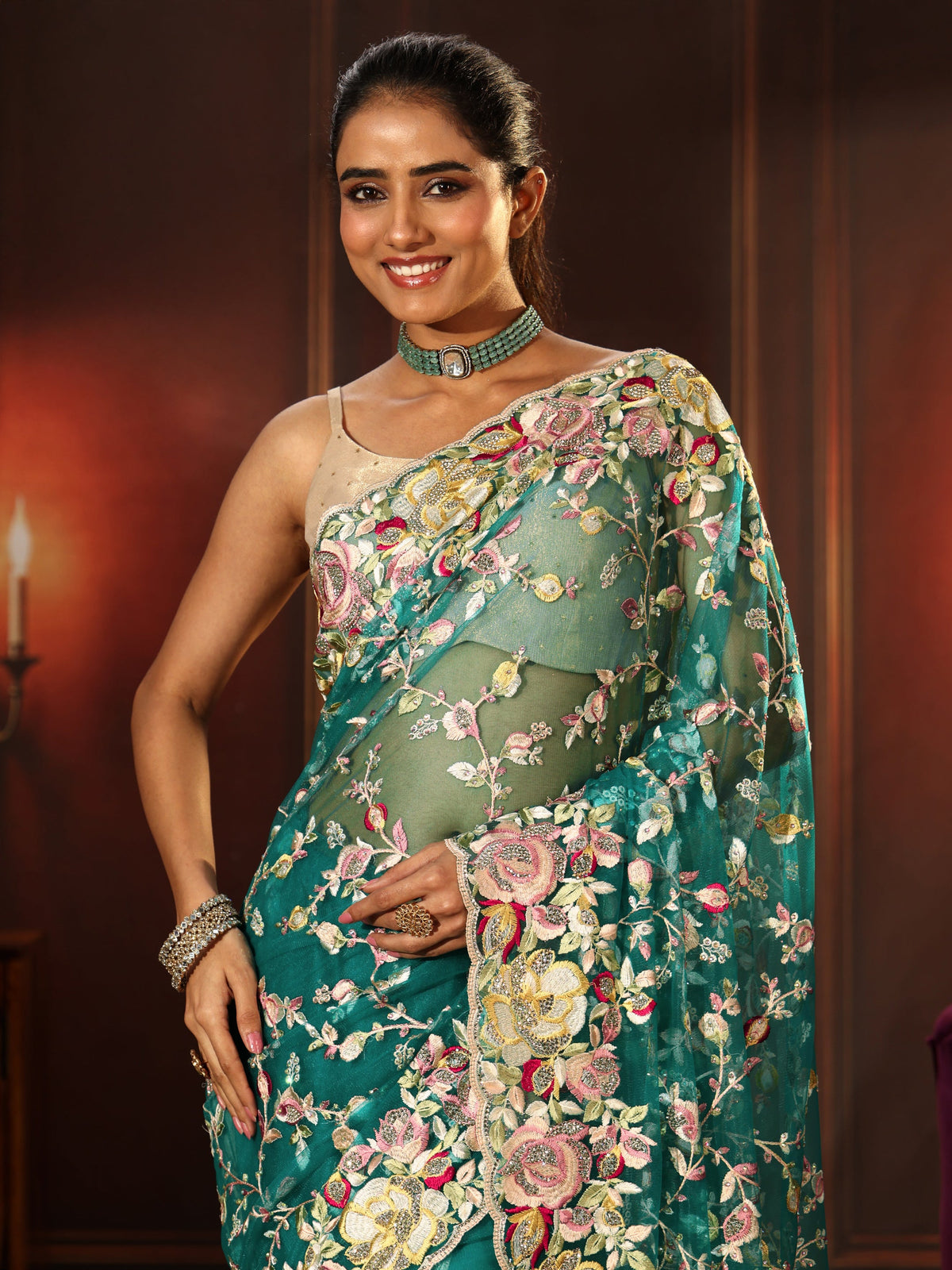 Anouk Art Sea Green Floral Embroidered Net Saree