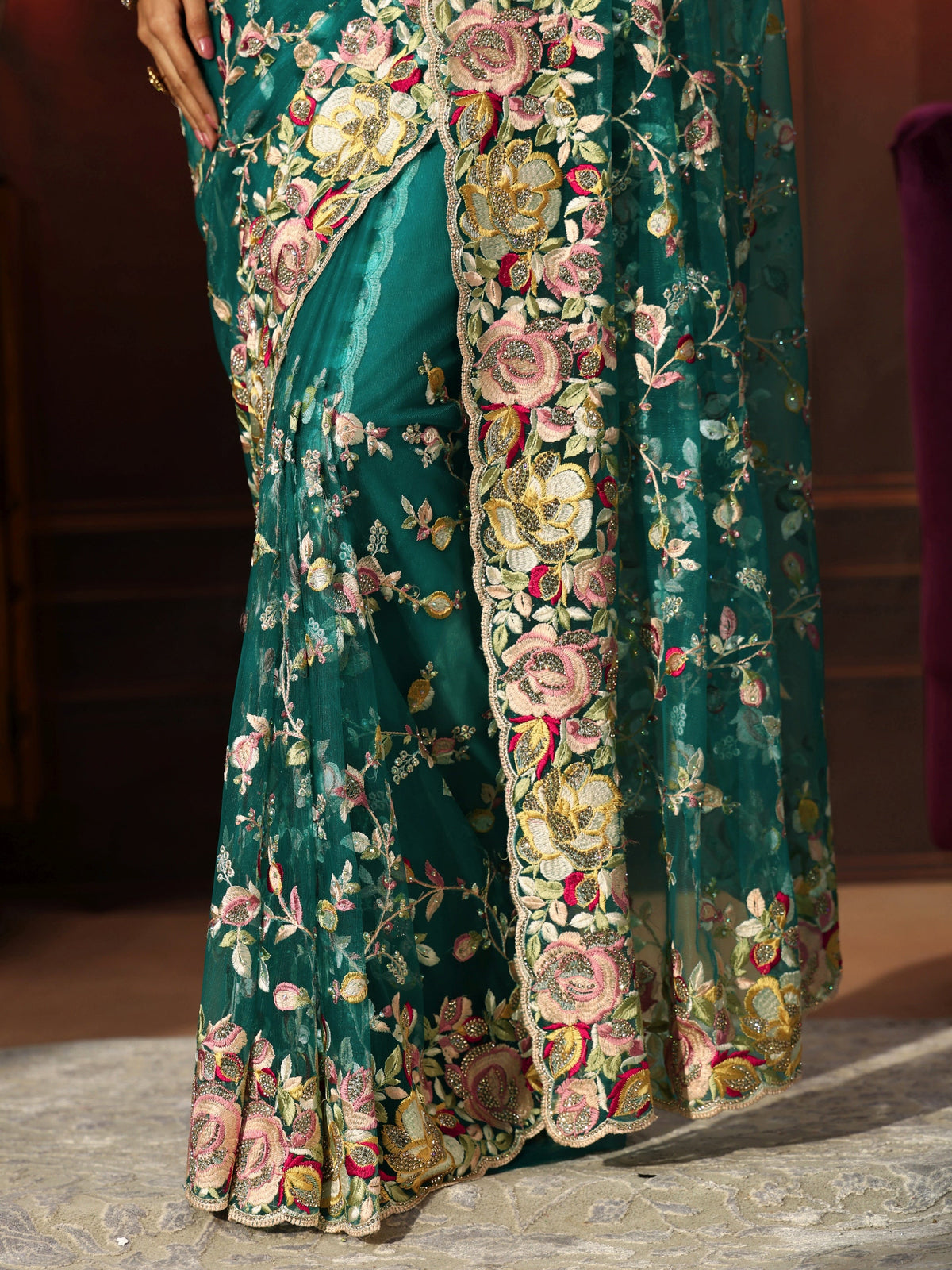 Anouk Art Sea Green Floral Embroidered Net Saree