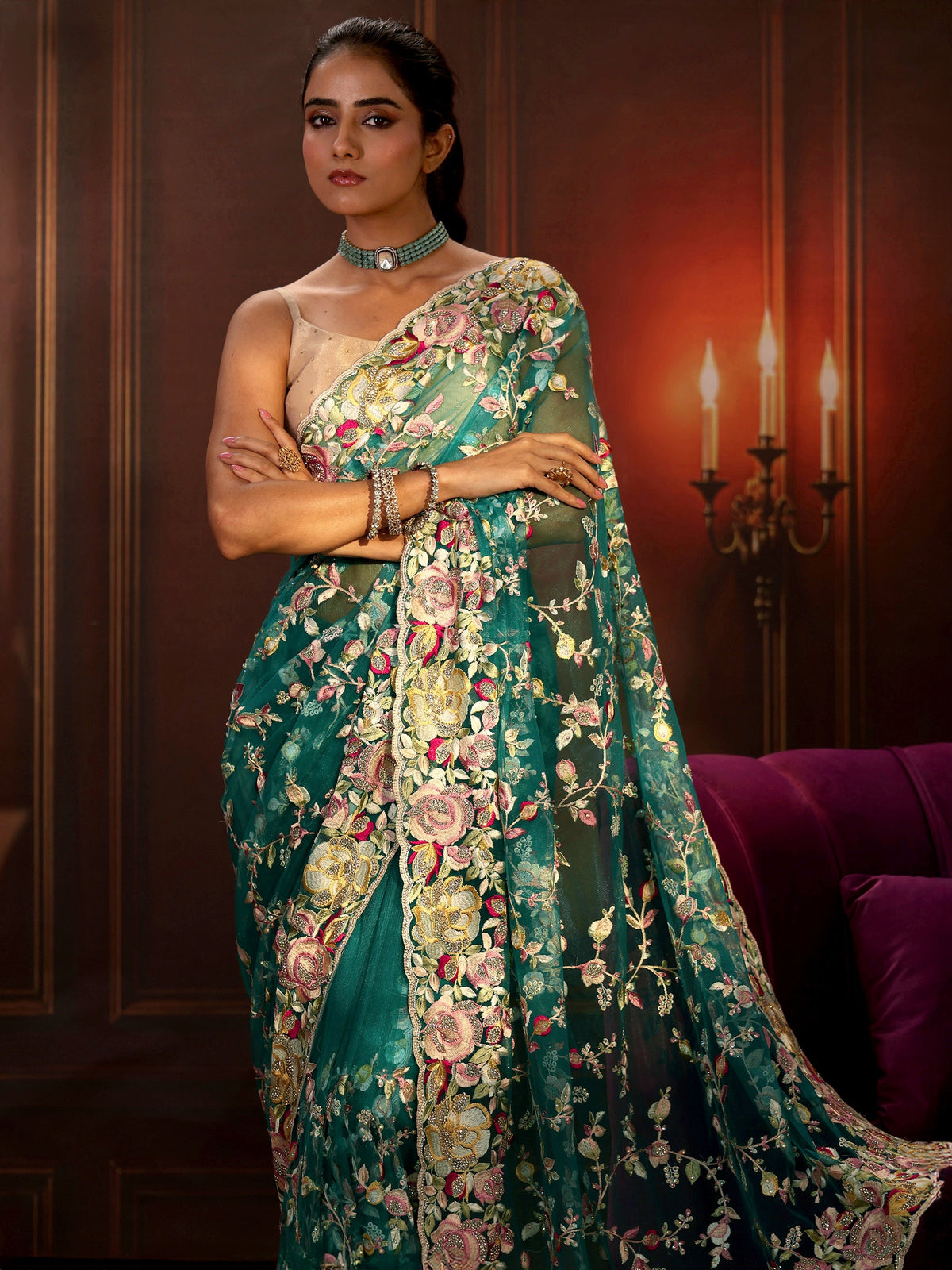 Anouk Art Sea Green Floral Embroidered Net Saree