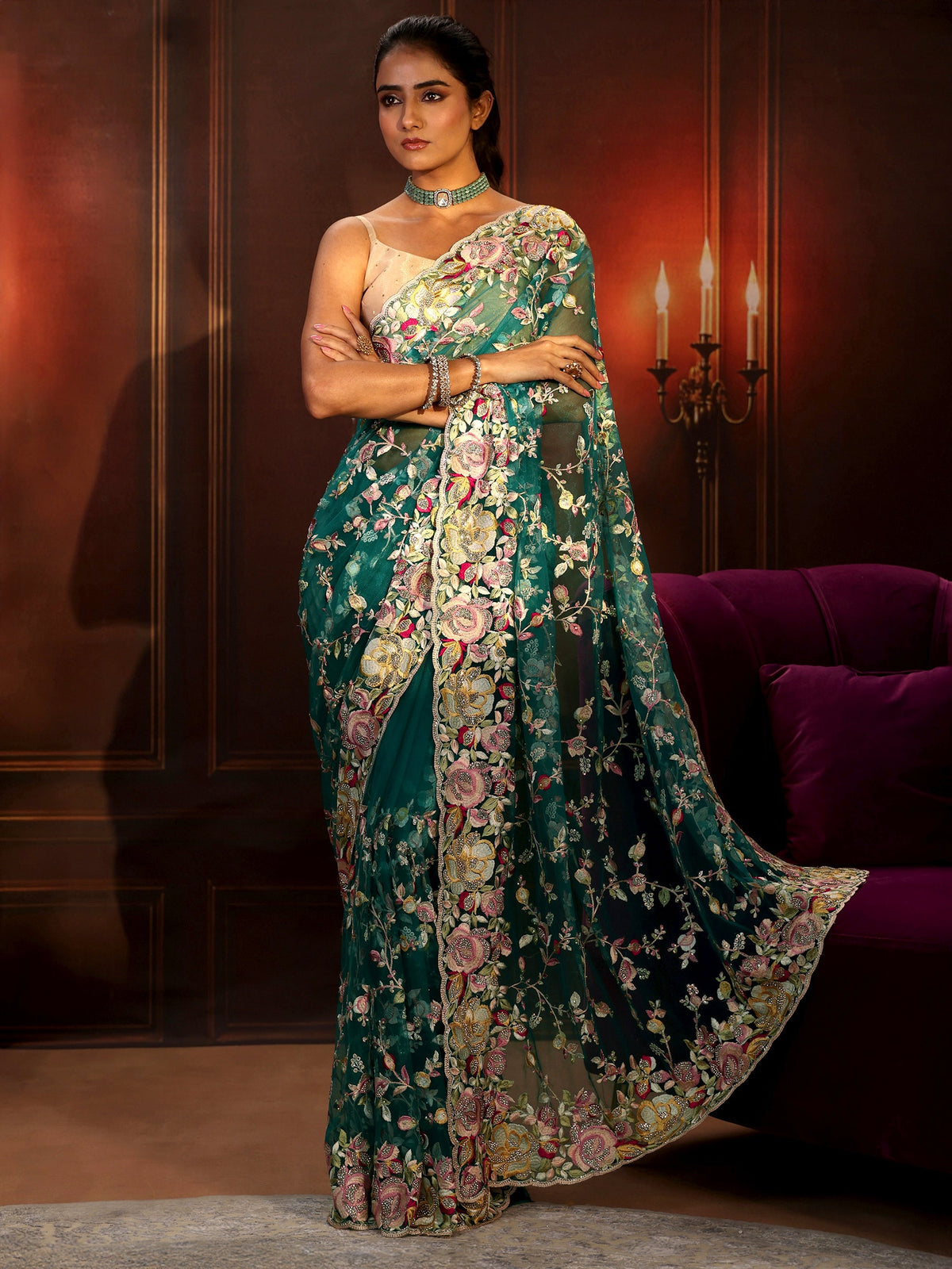 Anouk Art Sea Green Floral Embroidered Net Saree