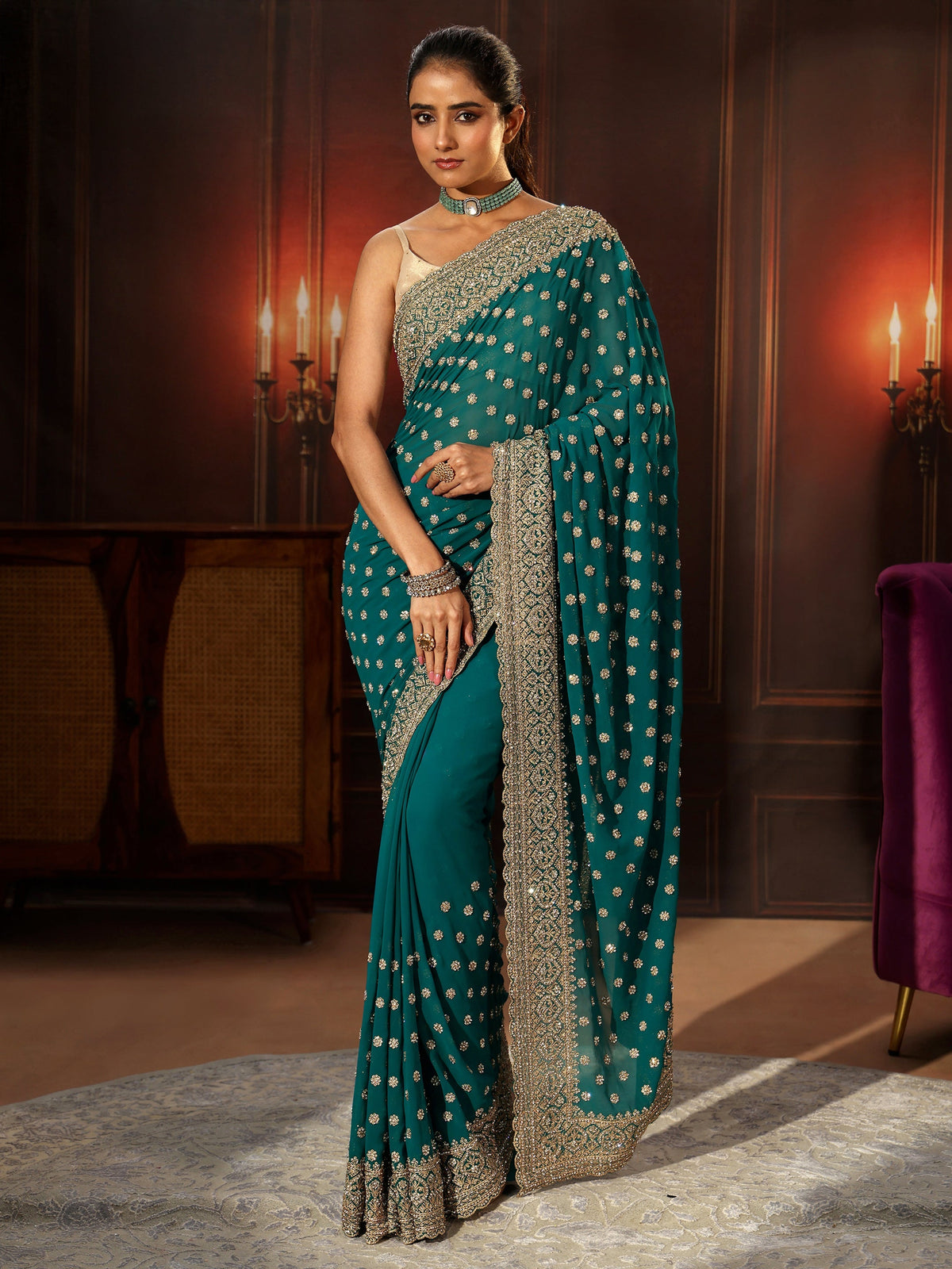 Anouk Art Peacock Green Embellished Georgette Saree