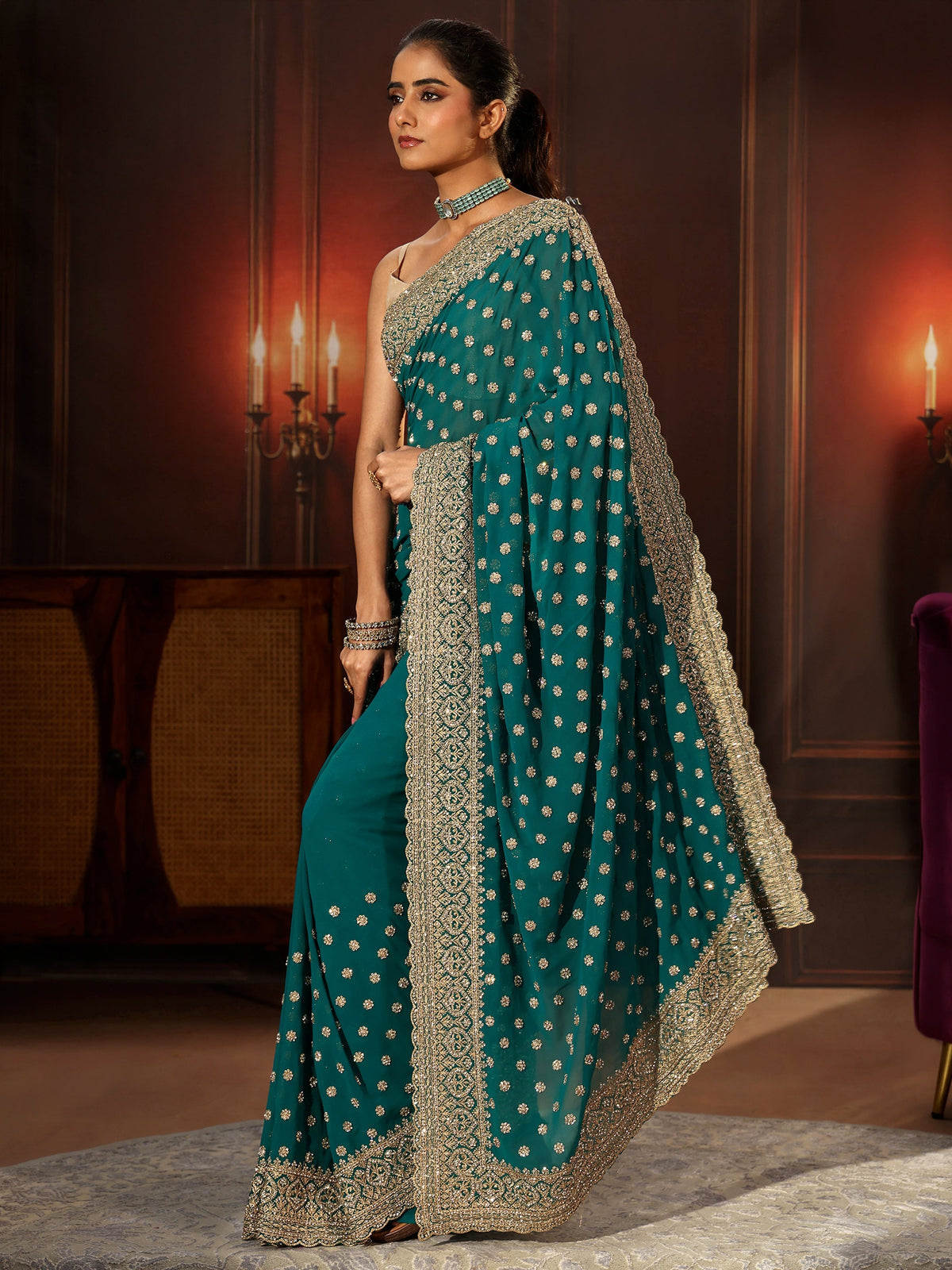 Anouk Art Peacock Green Embellished Georgette Saree