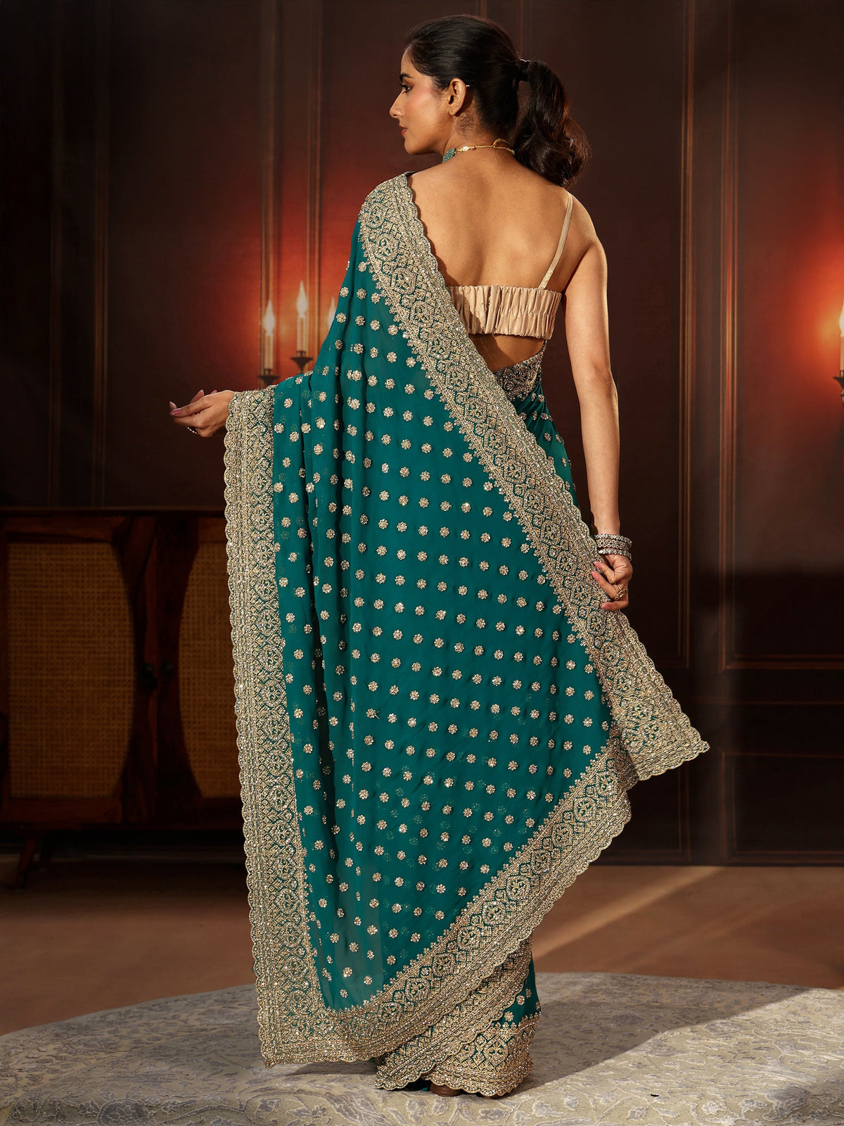 Anouk Art Peacock Green Embellished Georgette Saree