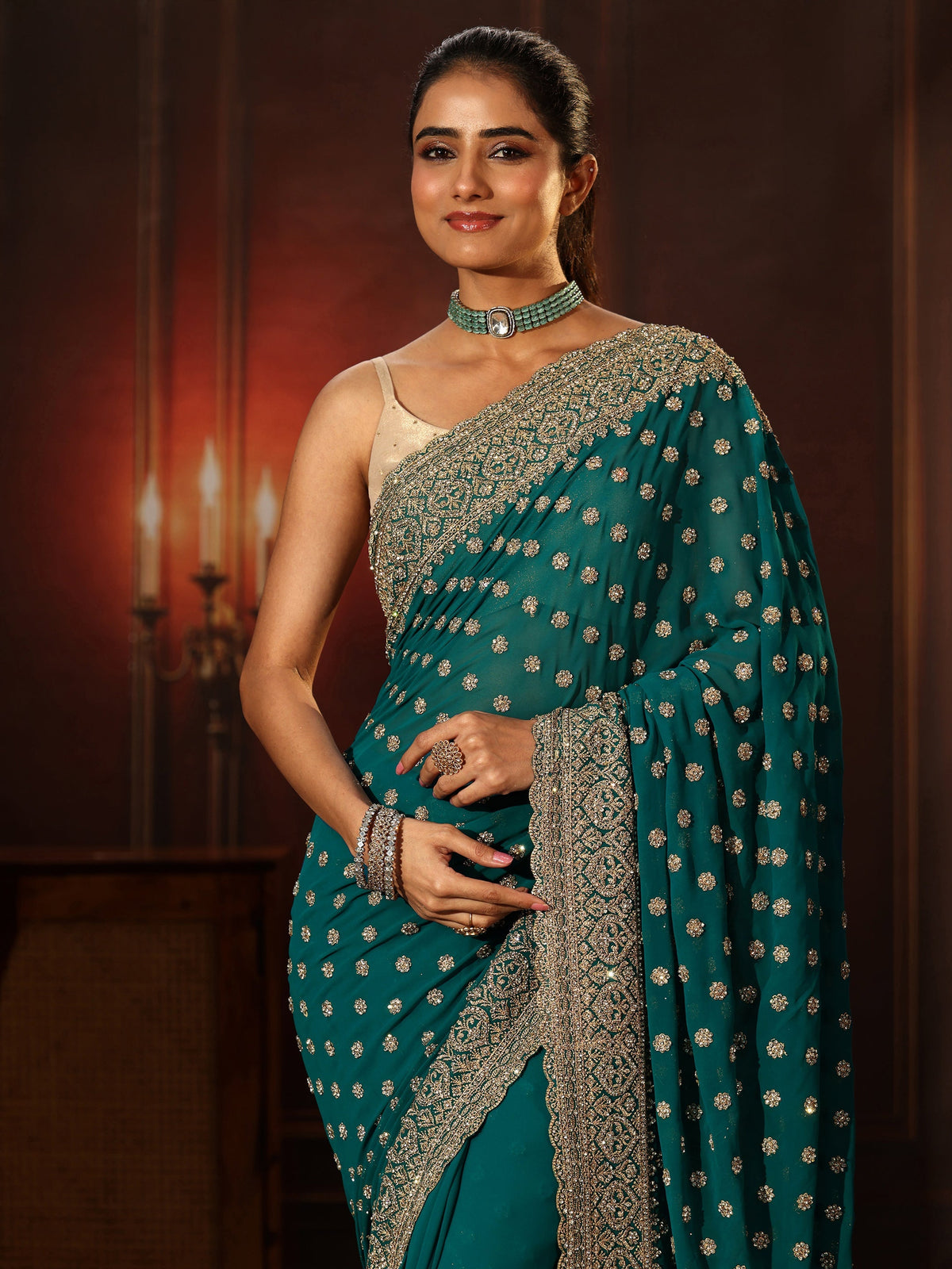 Anouk Art Peacock Green Embellished Georgette Saree