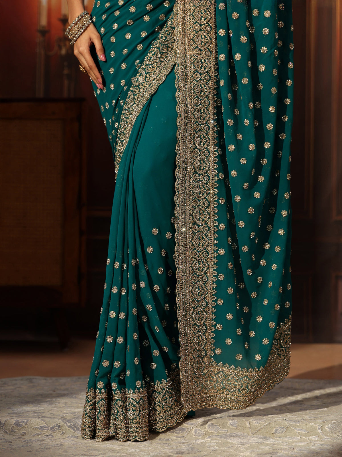 Anouk Art Peacock Green Embellished Georgette Saree