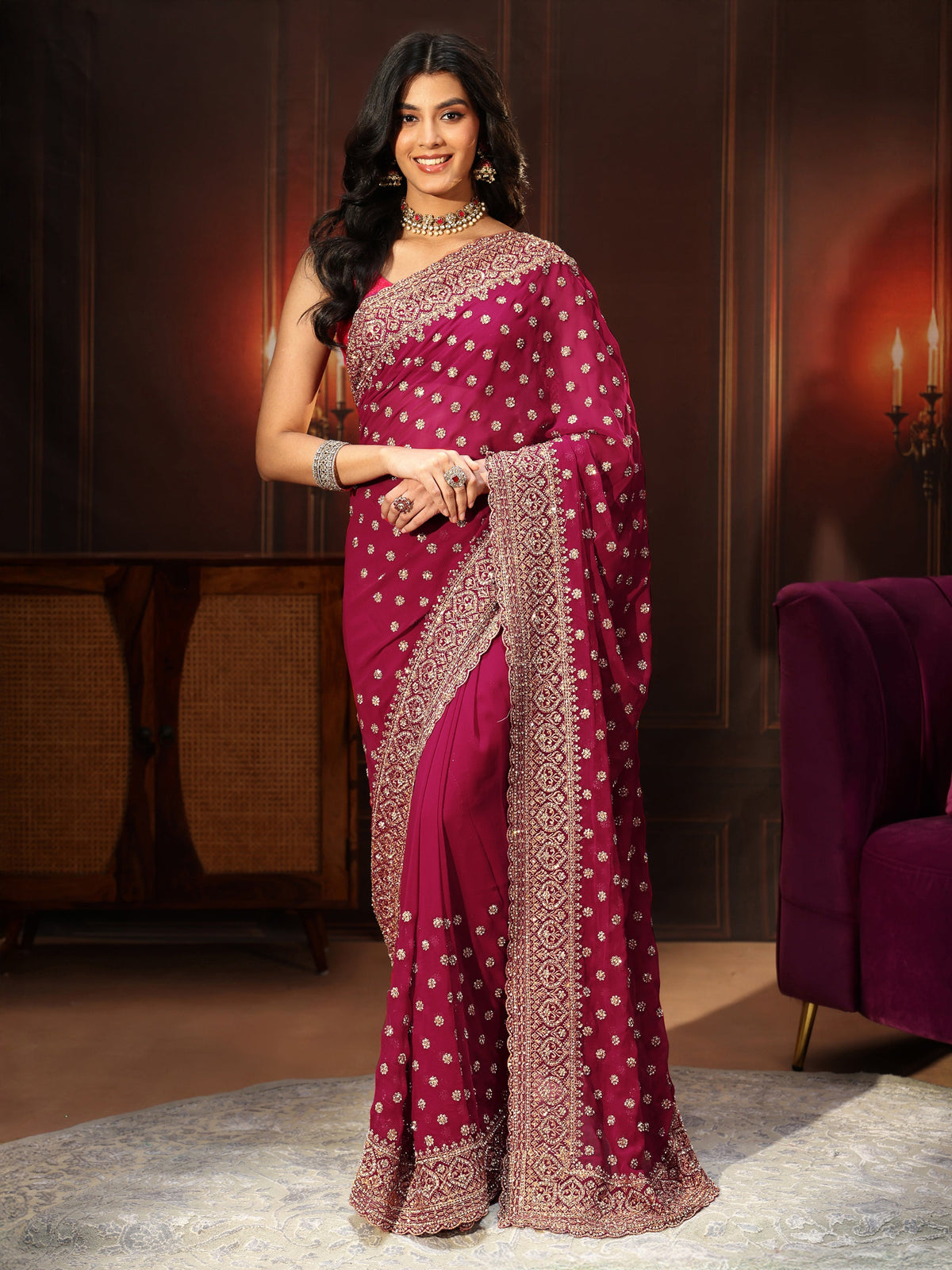 Anouk Art Magenta Pink Embellished Georgette Saree