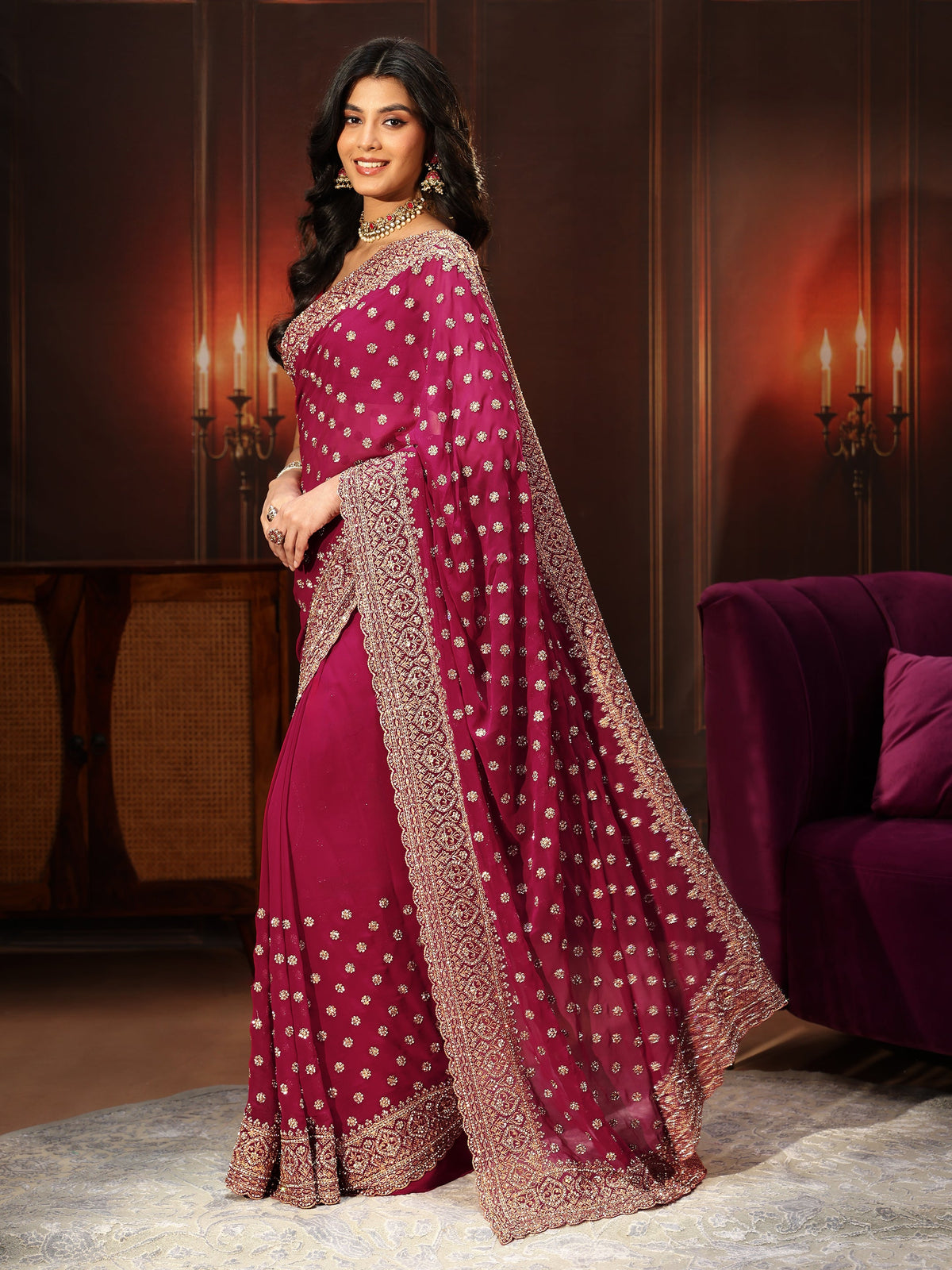 Anouk Art Magenta Pink Embellished Georgette Saree
