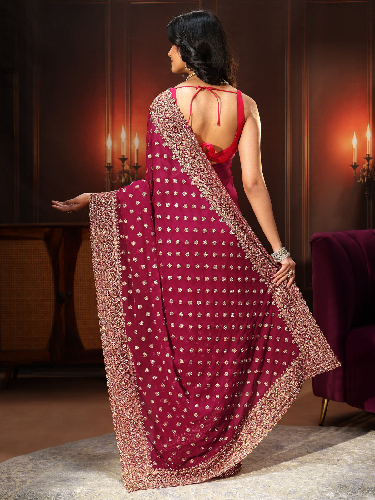 Anouk Art Magenta Pink Embellished Georgette Saree