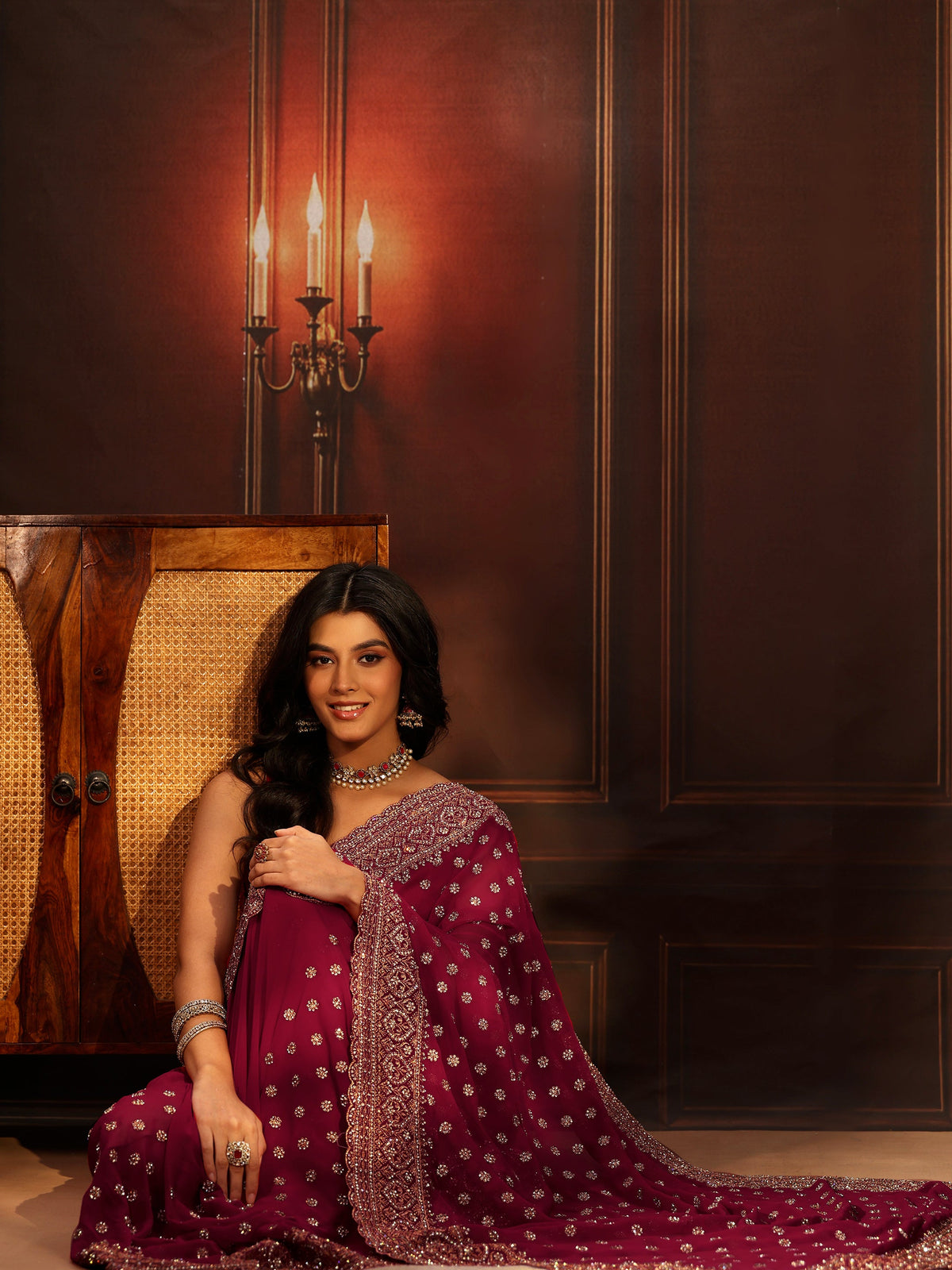 Anouk Art Magenta Pink Embellished Georgette Saree