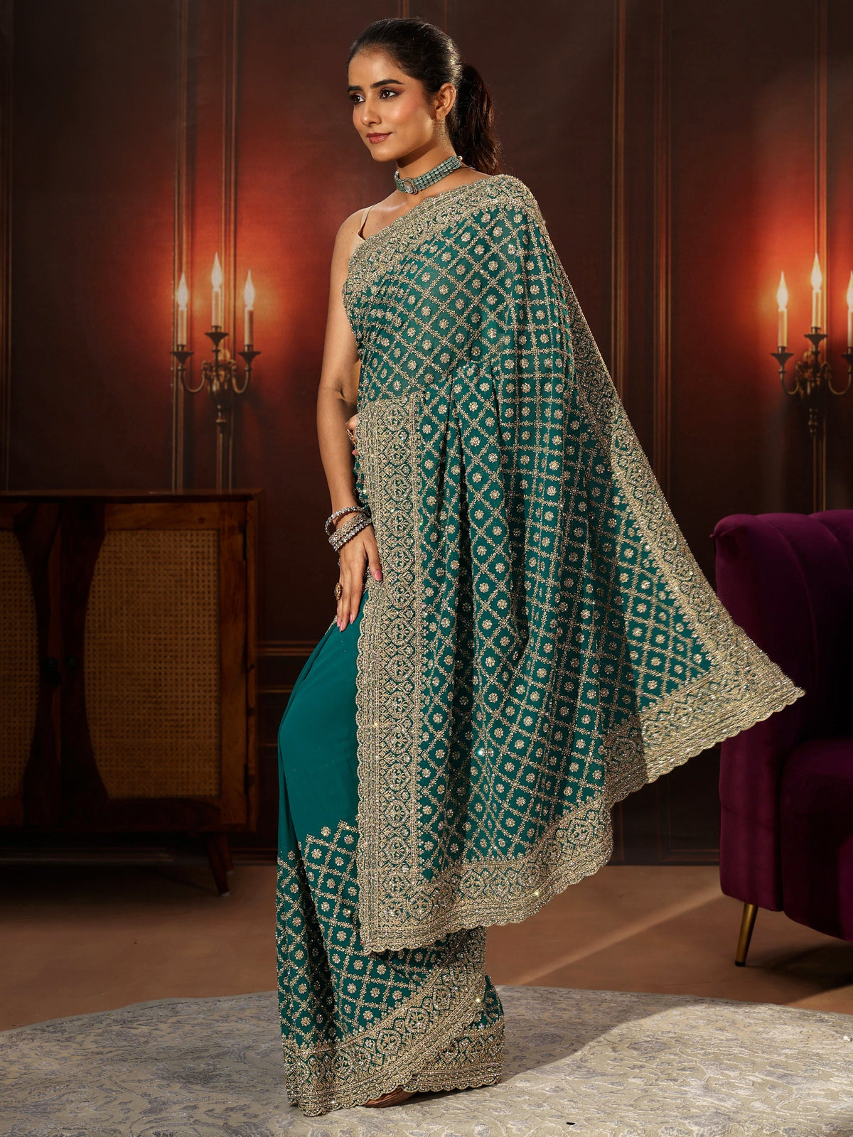 Anouk Art Teal Green Embellished Georgette Saree
