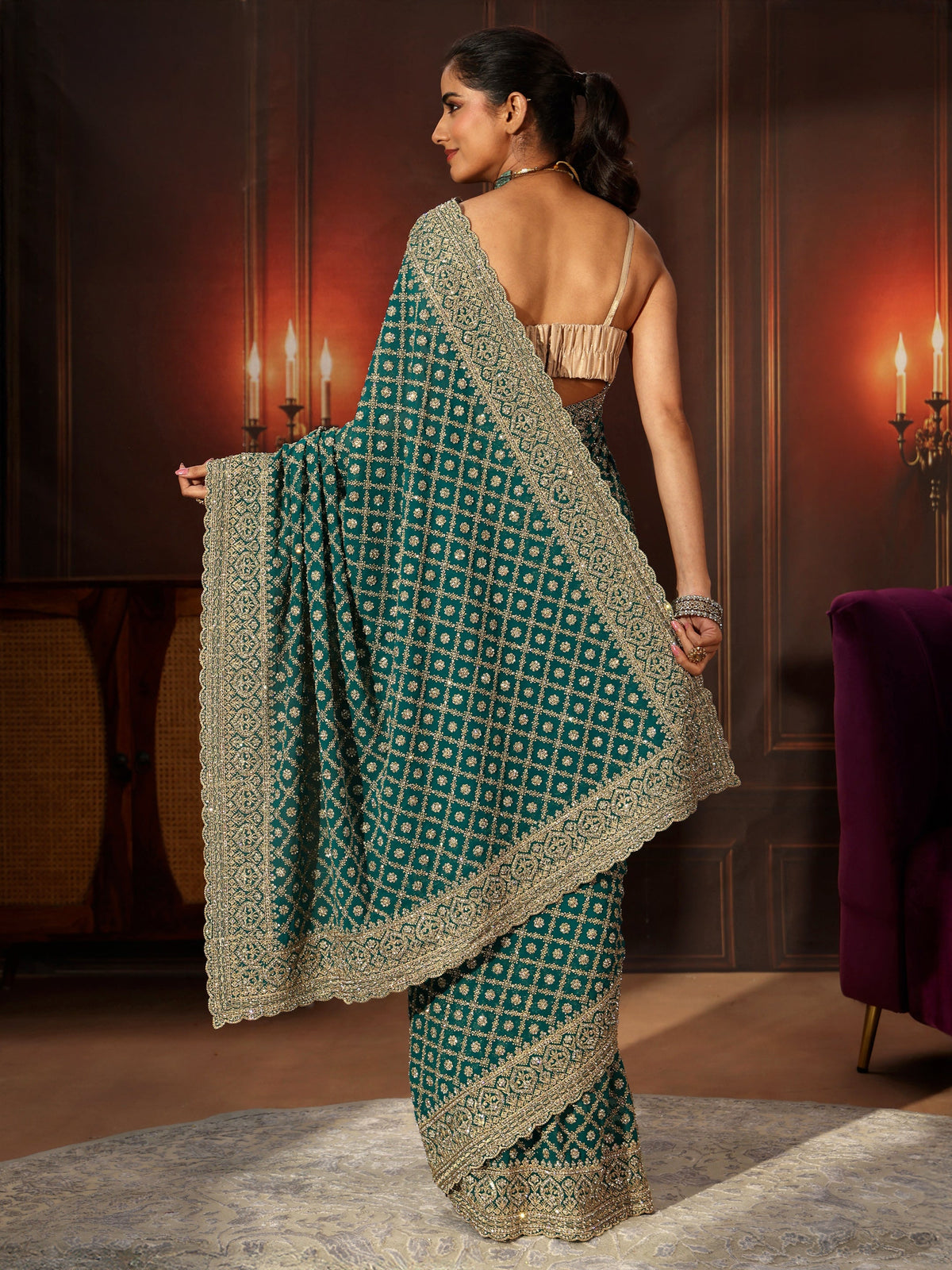 Anouk Art Teal Green Embellished Georgette Saree